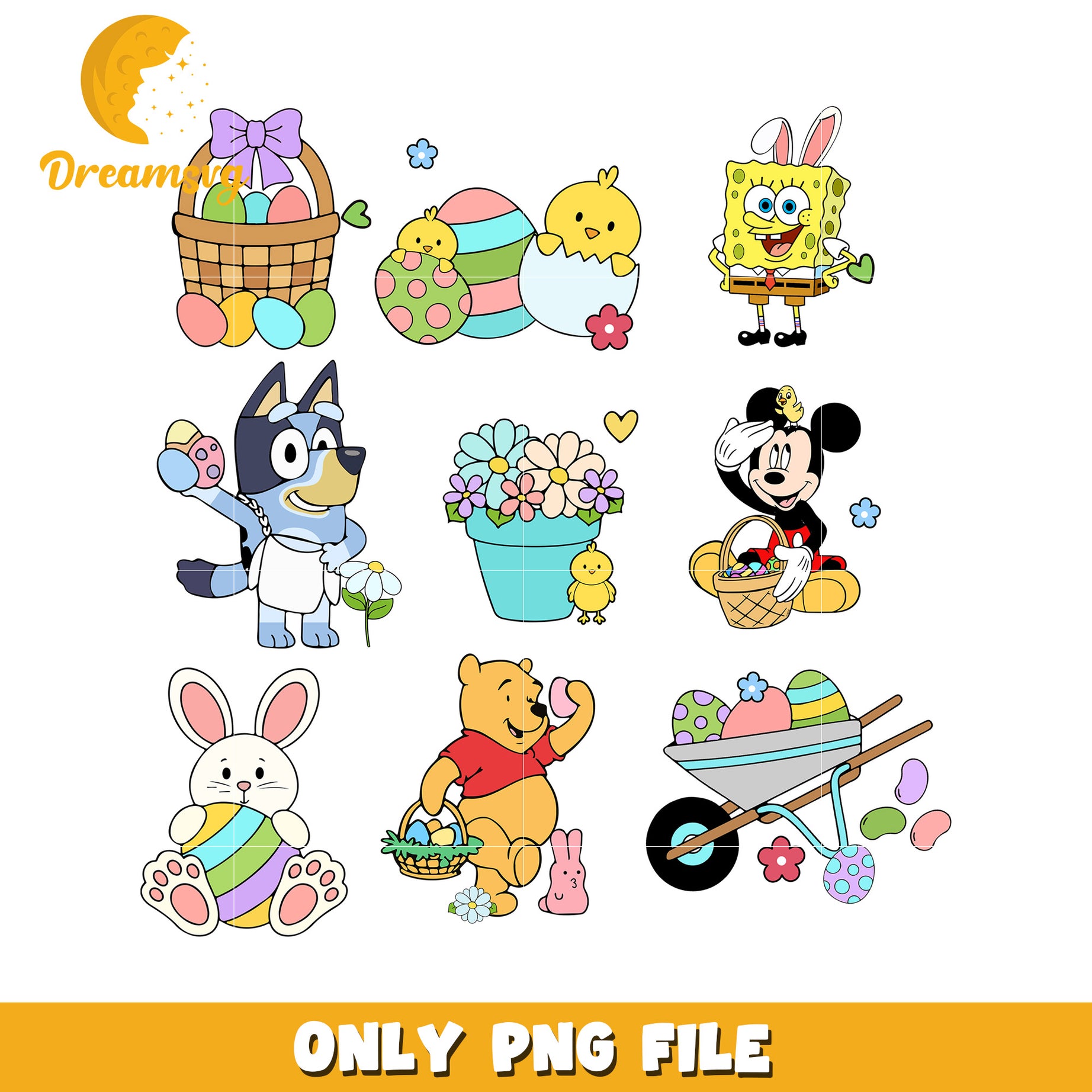 Disney character on easter day png, easter day png, disney cast png