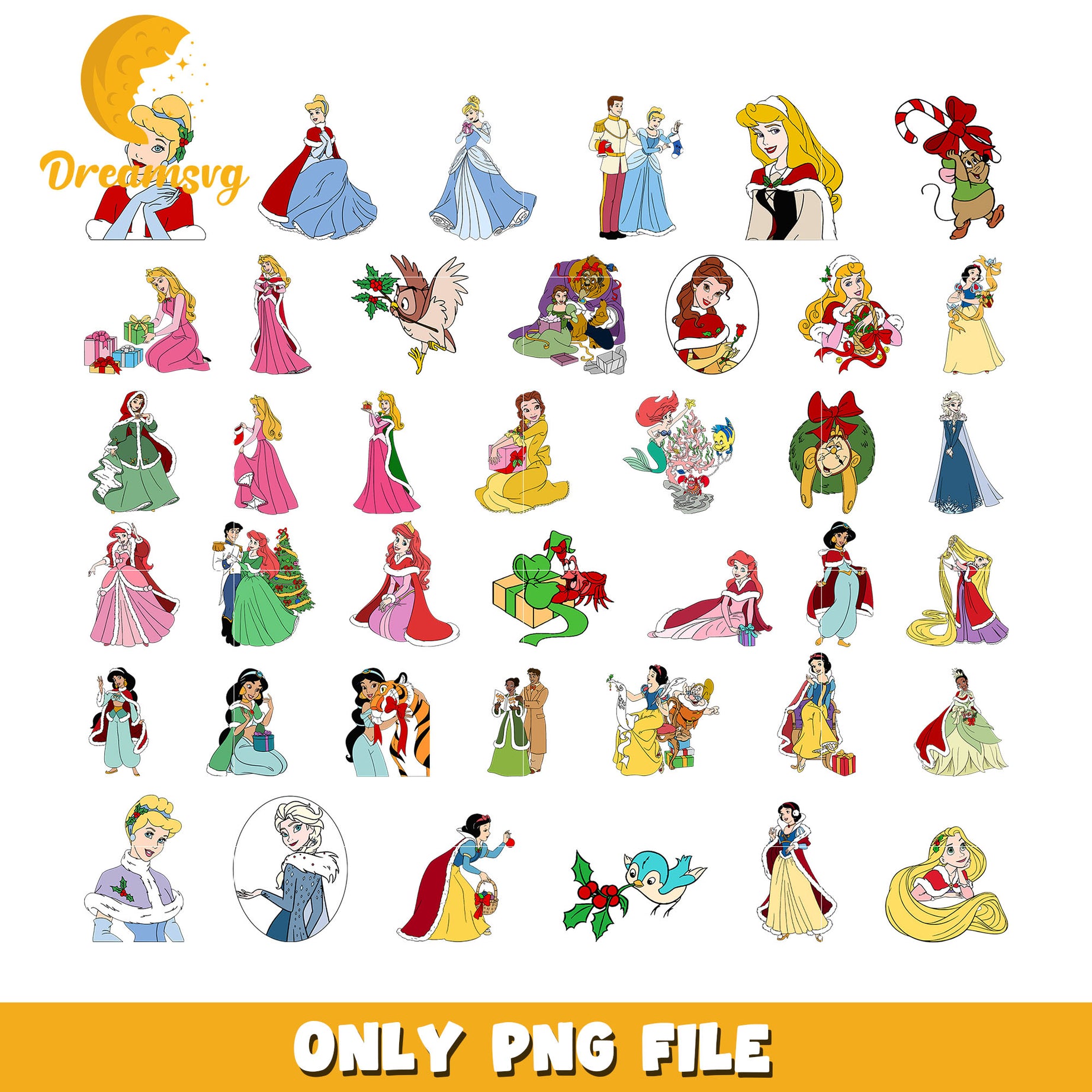 Disney princess merry christmas bundle png, princess christmas disney png