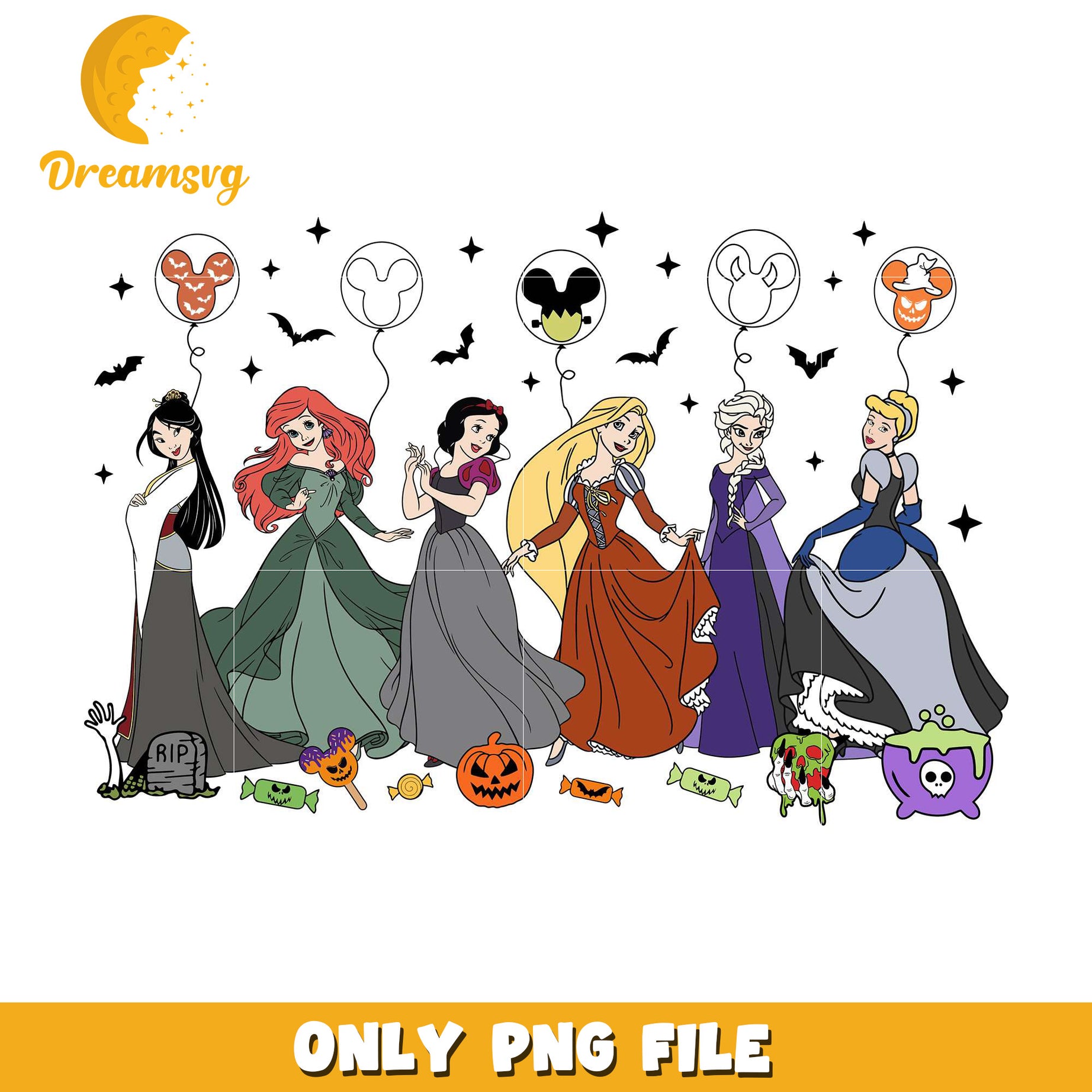 Disney princesses png, halloween characters​ png, halloween design png
