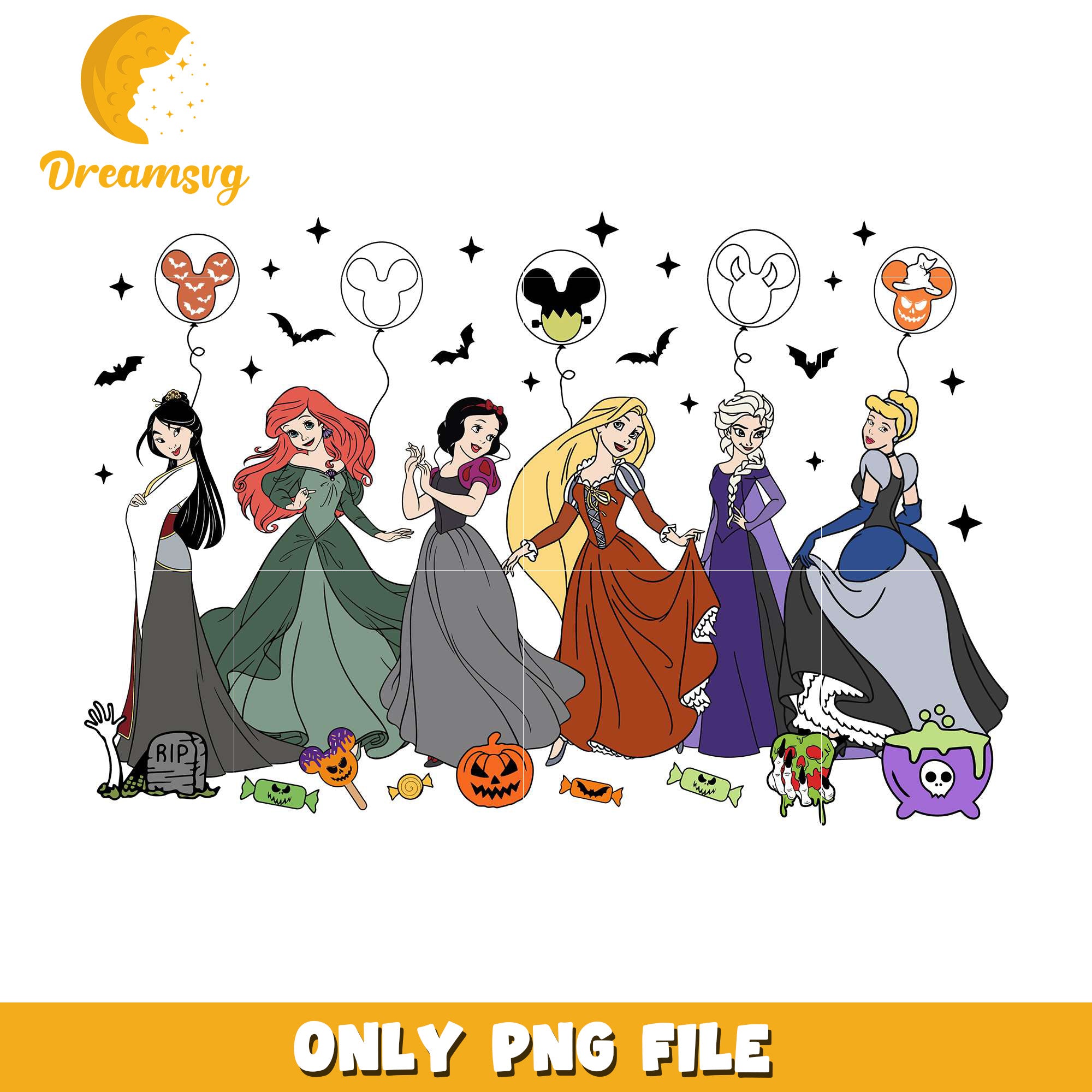 Disney princesses png, halloween characters​ png, halloween design png