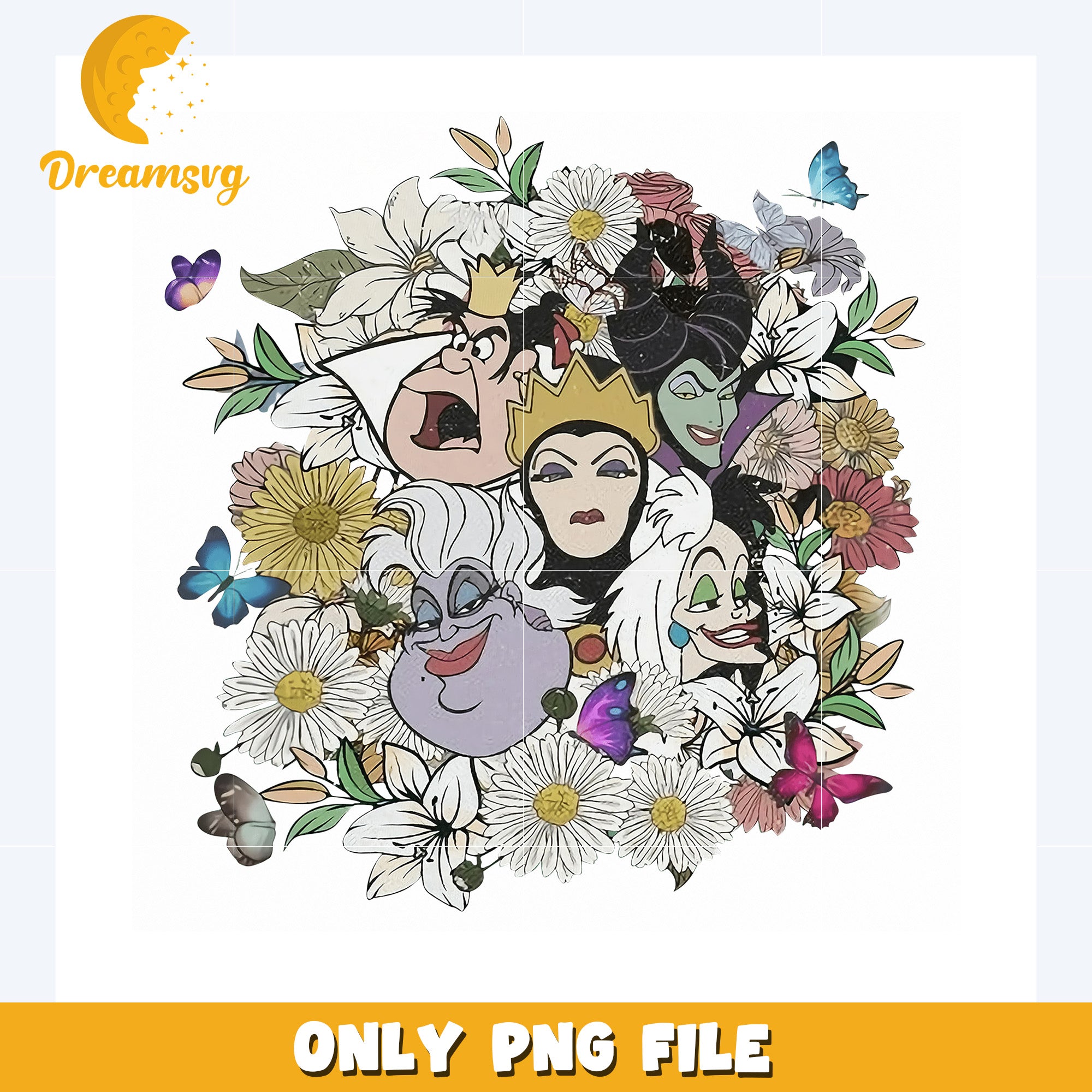 Disney villains flowers design png, disneyland png, disney movies png