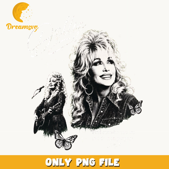 Dolly Parton Portrait Clipart, Black White Studded Denim Butterfly