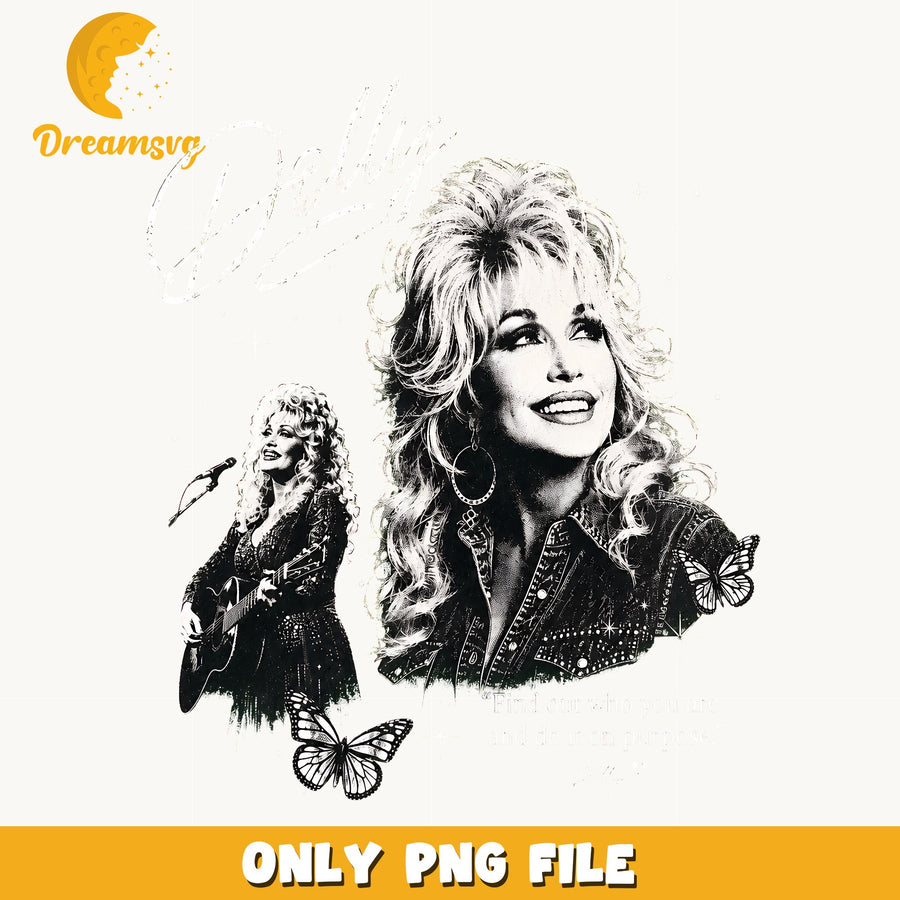 Dolly Parton Portrait Clipart, Black White Studded Denim Butterfly