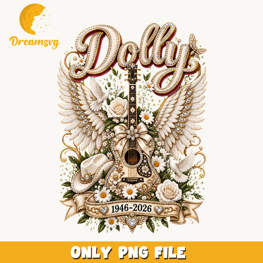 Dolly Parton Tribute Clipart, Cream Wings Guitar Floral, 1946-2026 PNG