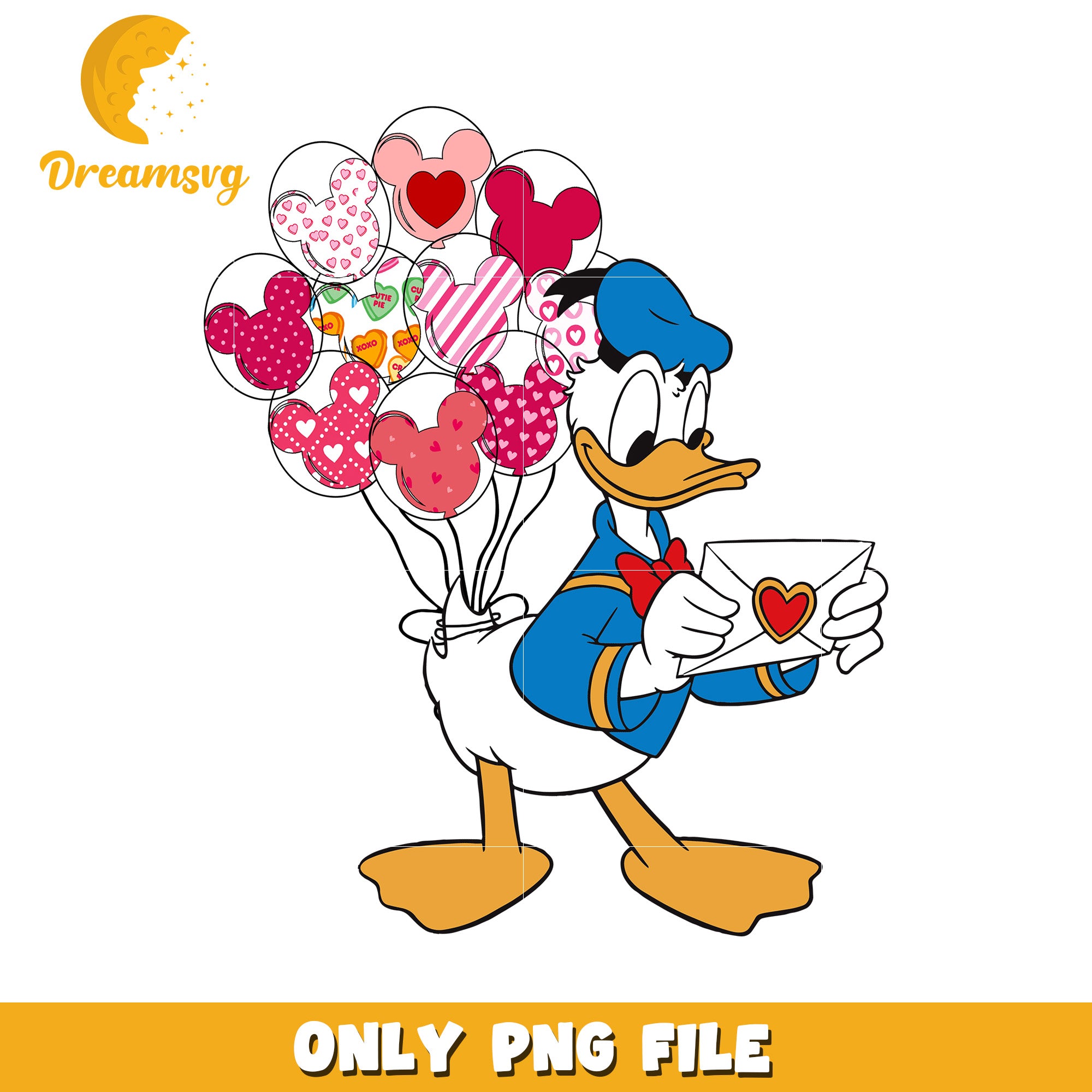 Donald Duck Holding Heart Balloons Cute PNG Graphic File