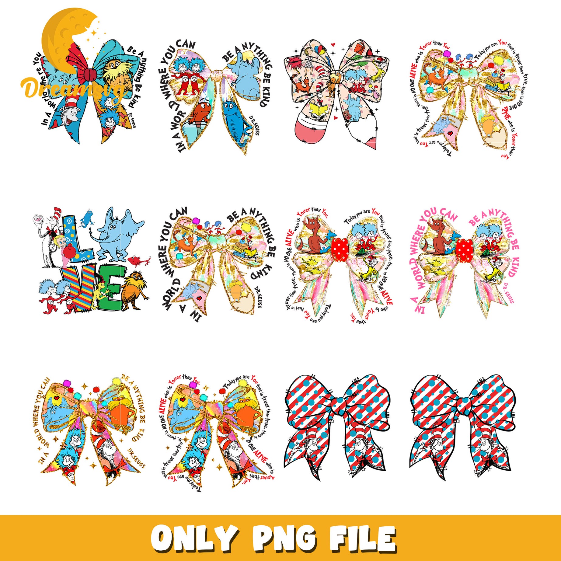 Dr. Seuss Inspired Bow Bundle PNG Digital Files