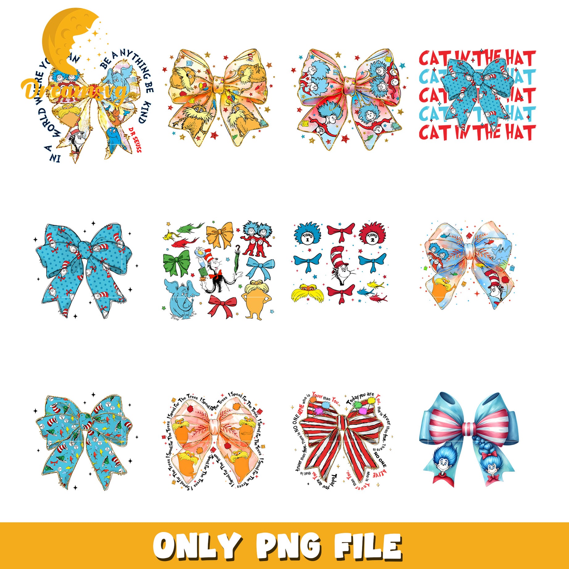 Dr. Seuss Themed Bow Bundle PNG Files for Crafting