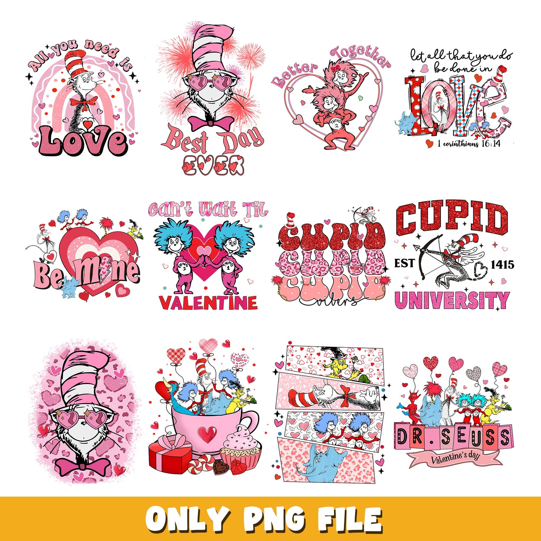 Dr Seuss Cat in hat love png, Dr Seuss  bundle png, cartoon png 