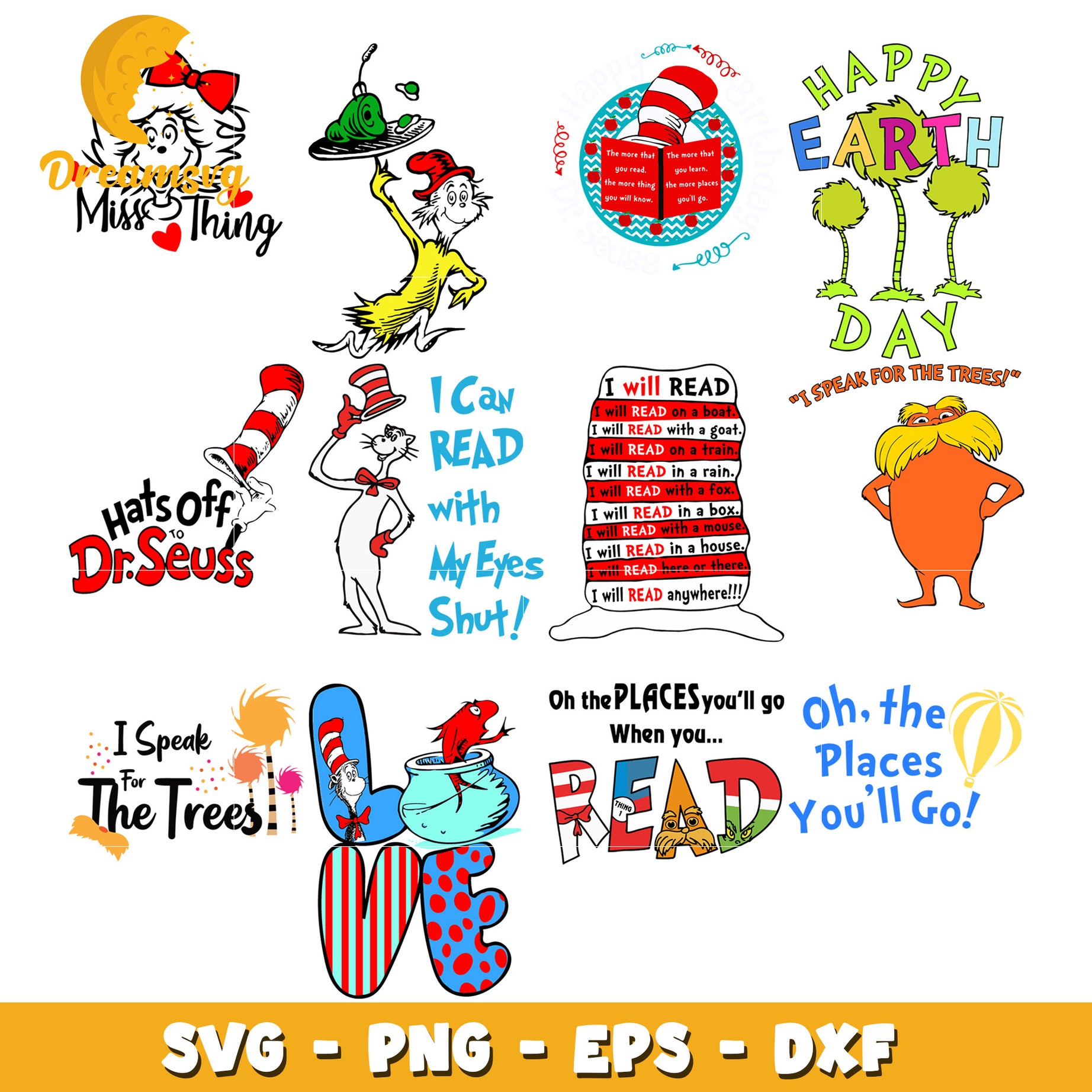 Dr Seuss Inspired Reading Quotes Bundle SVG Clipart