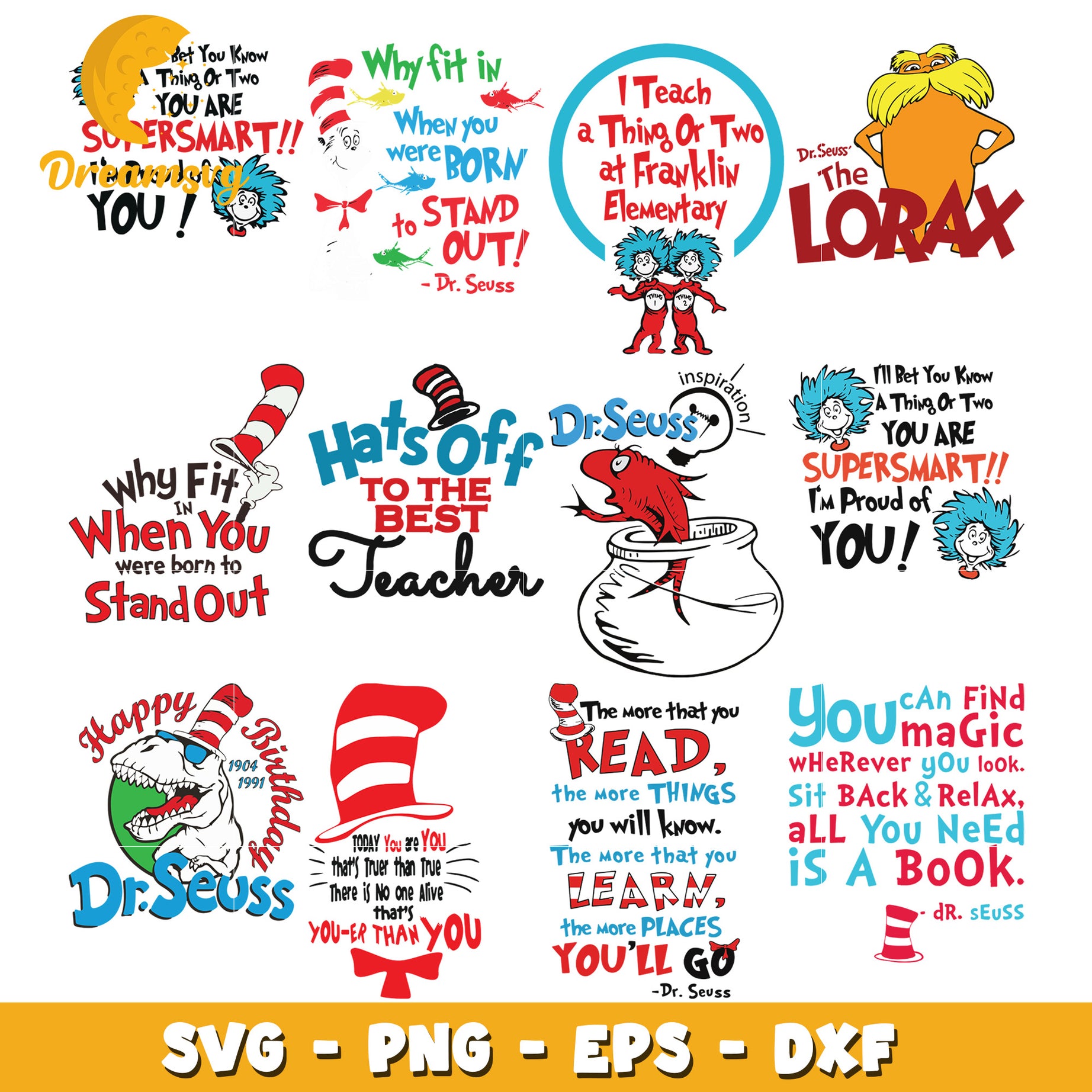 Dr Seuss SVG Bundle Quotes PNG EPS DXF