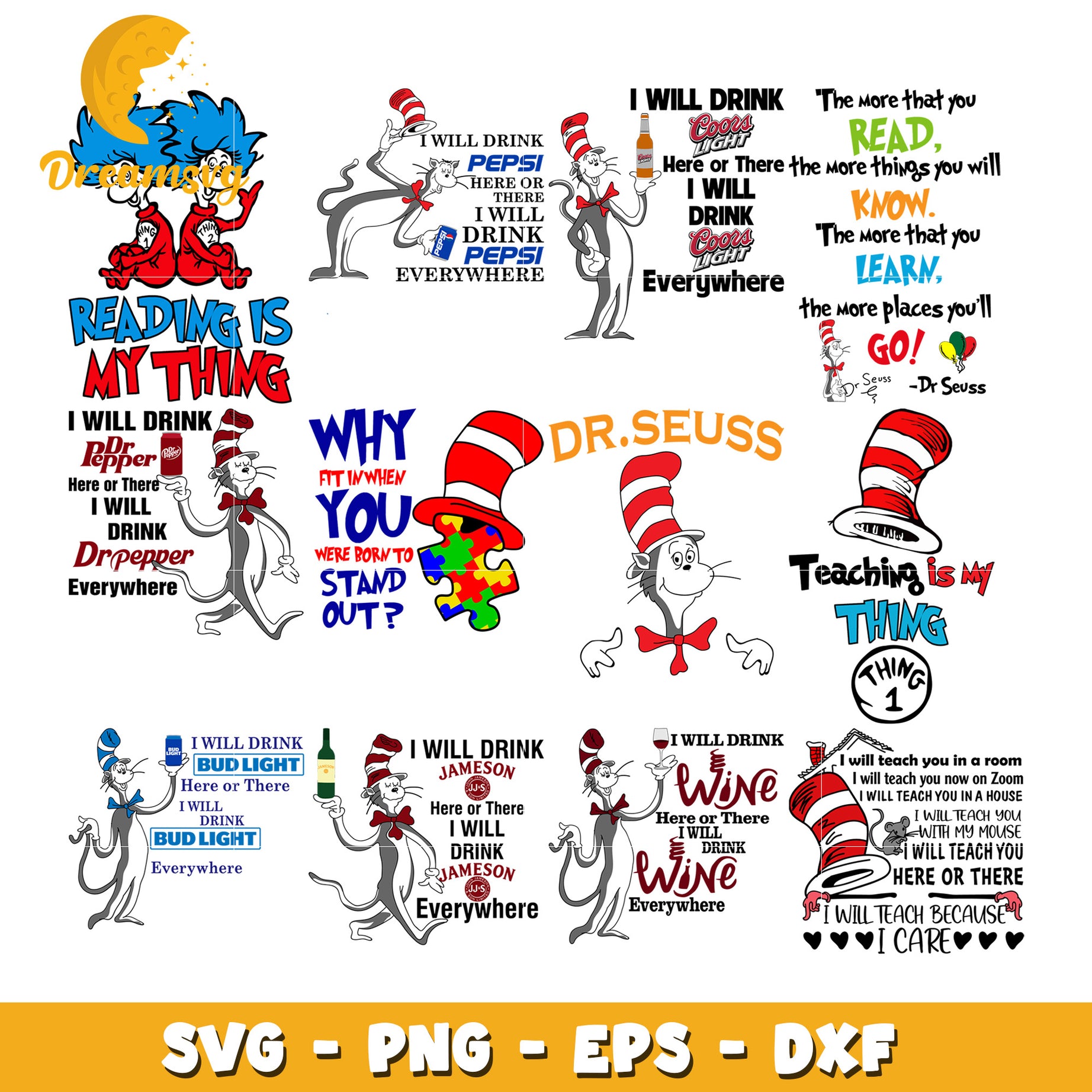 Dr Seuss SVG Bundle Teacher Quotes & Drinks