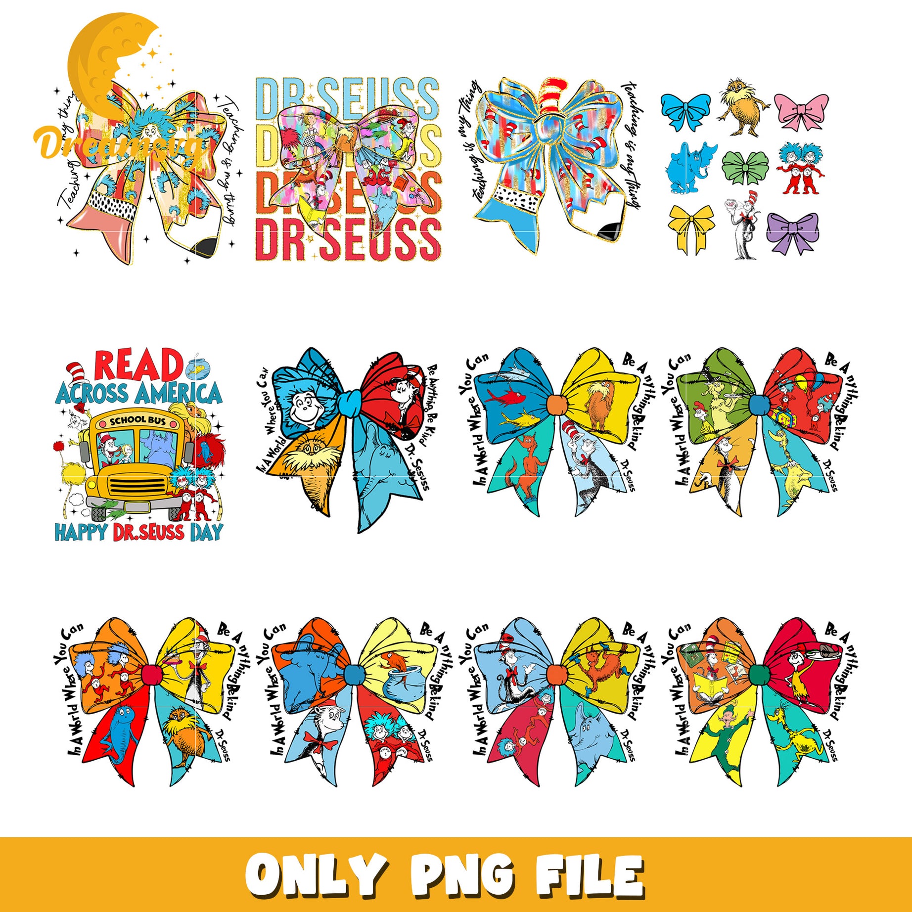 Dr Seuss Themed Bow Bundle PNG for Kids Crafting