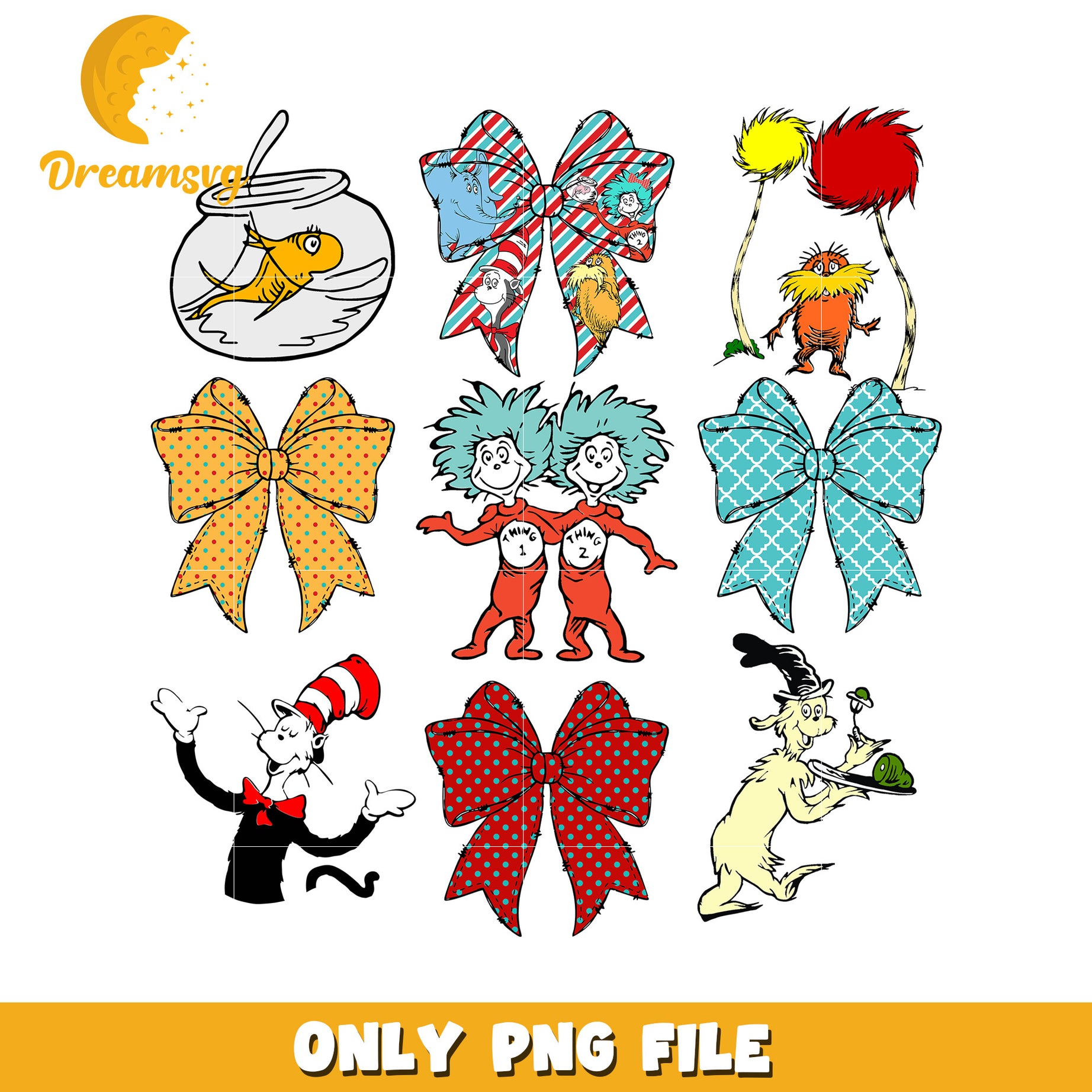 Dr Seuss Themed Bows and Characters PNG Design Collection