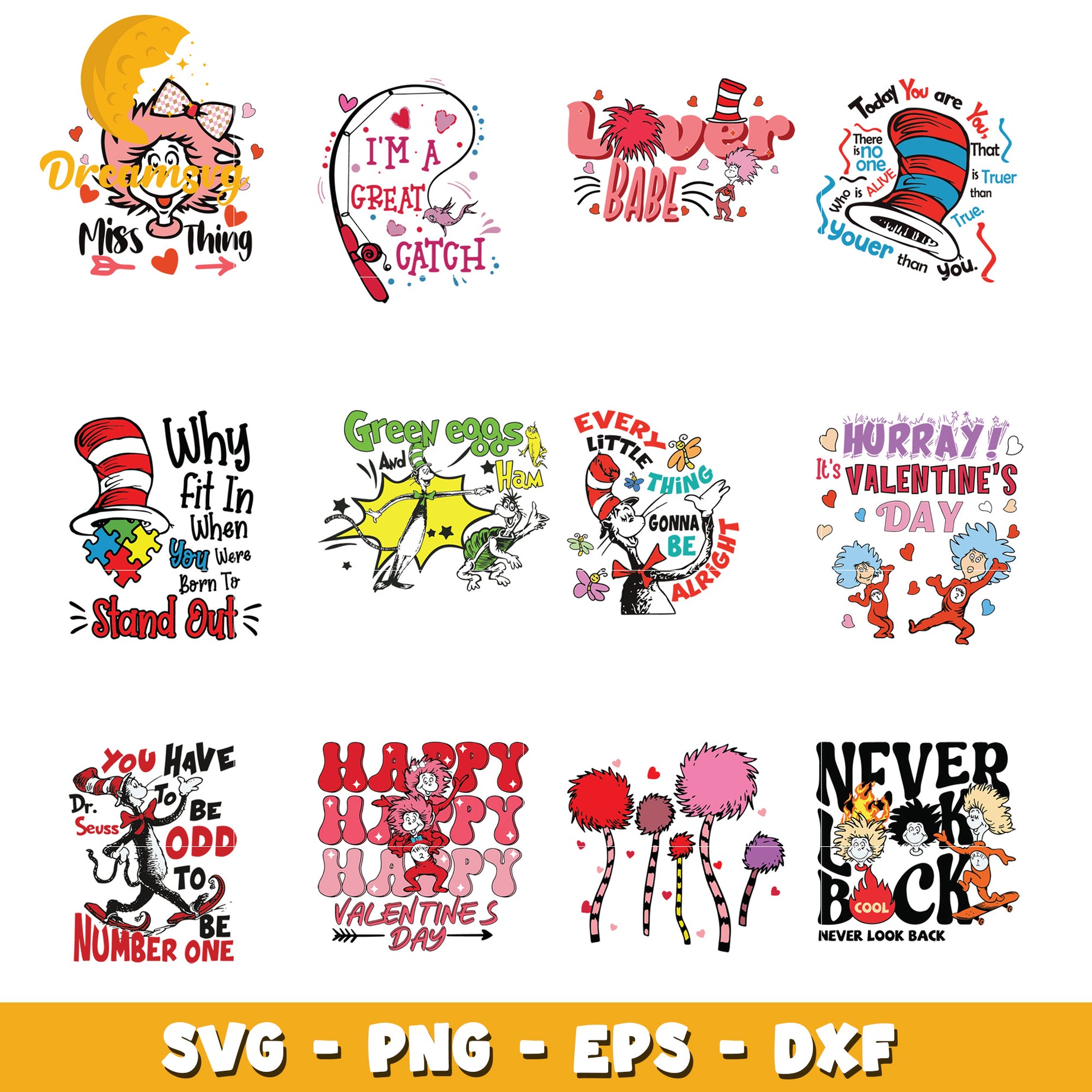 Dr Seuss Valentine SVG Bundle PNG, EPS, DXF