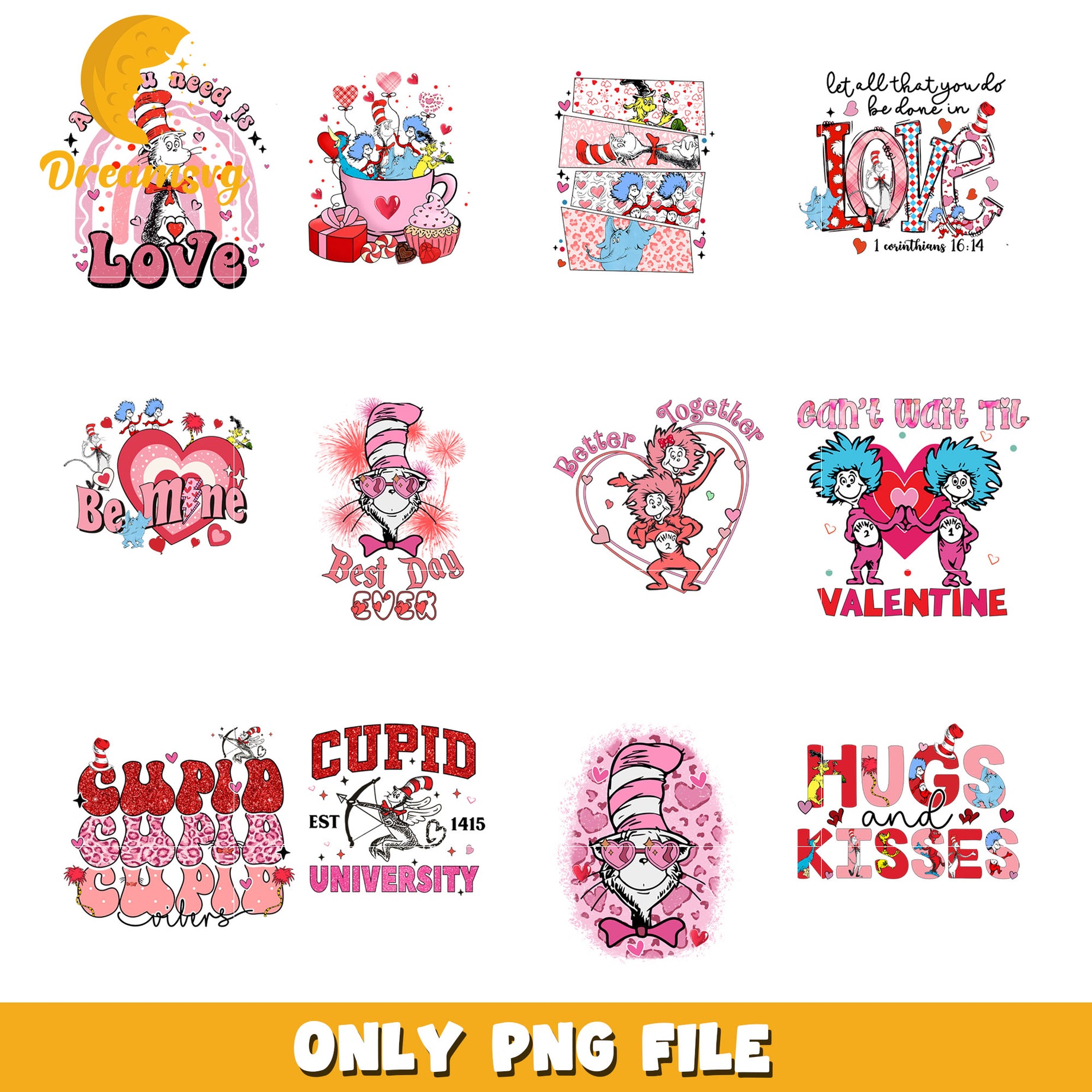 Dr seuss Cat in the Hat Valentines PNG Bundle