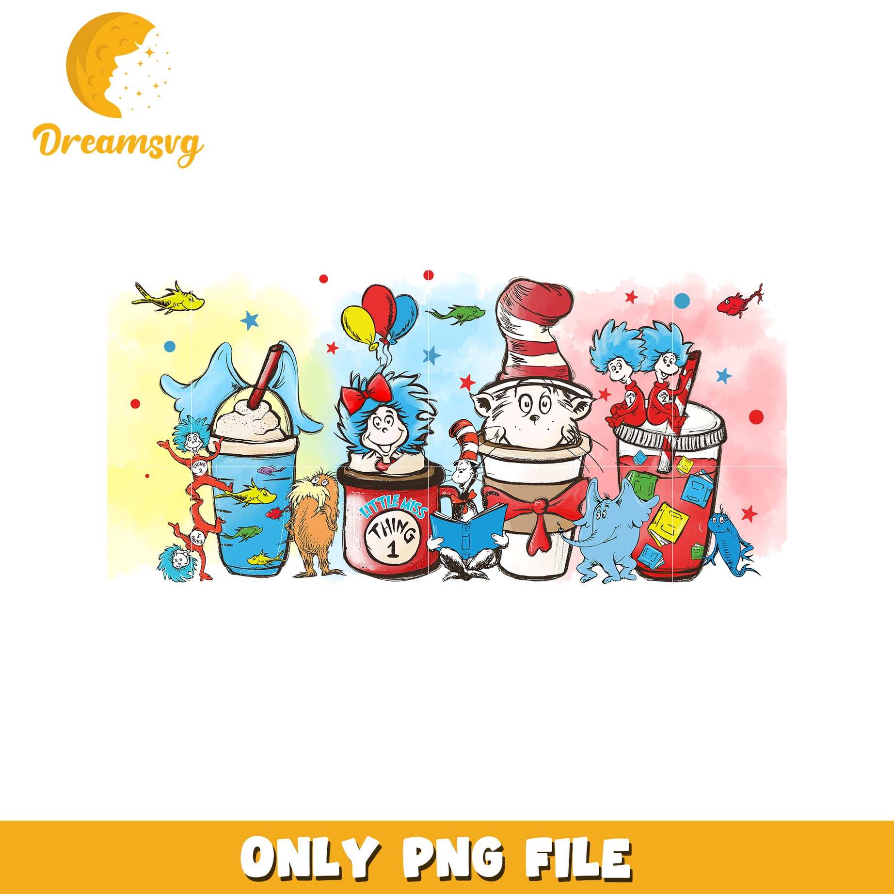 Dr seuss coffee cup design png, dr seuss characters png