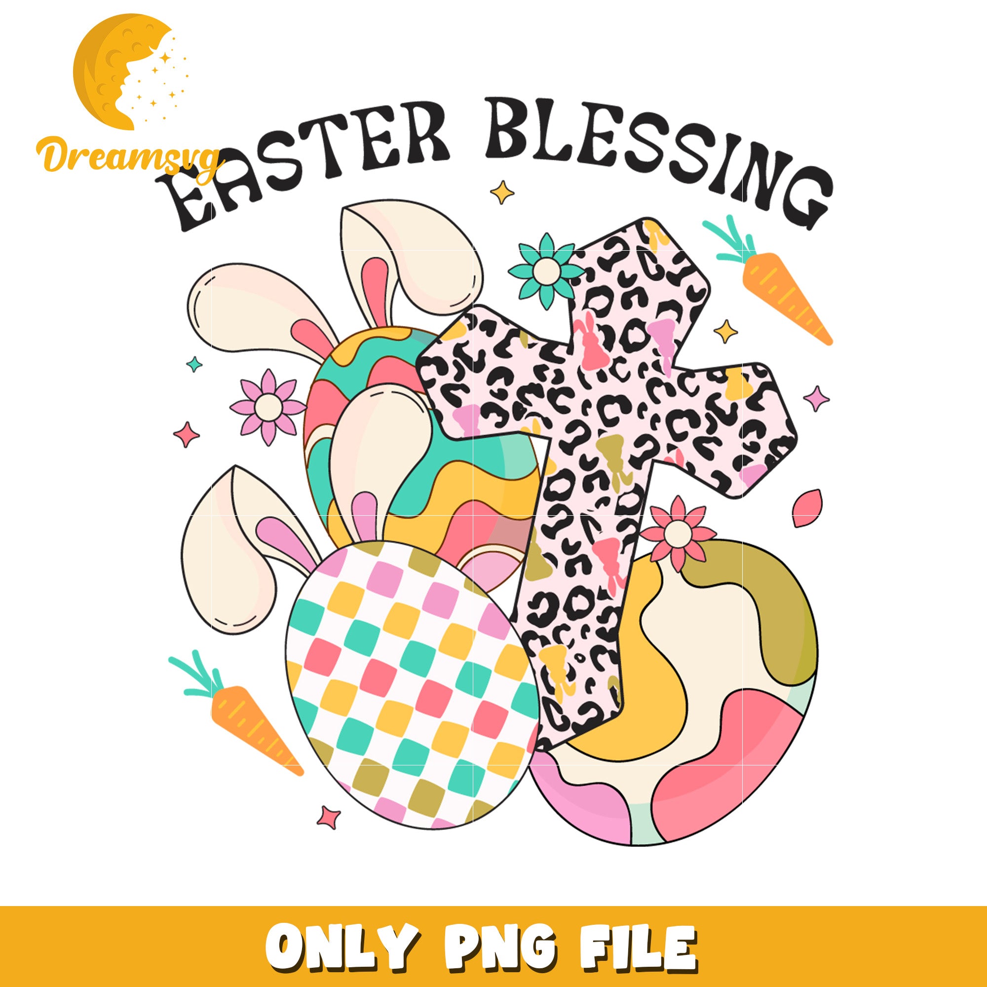 Easter Blessing Cute Bunny & Cross PNG