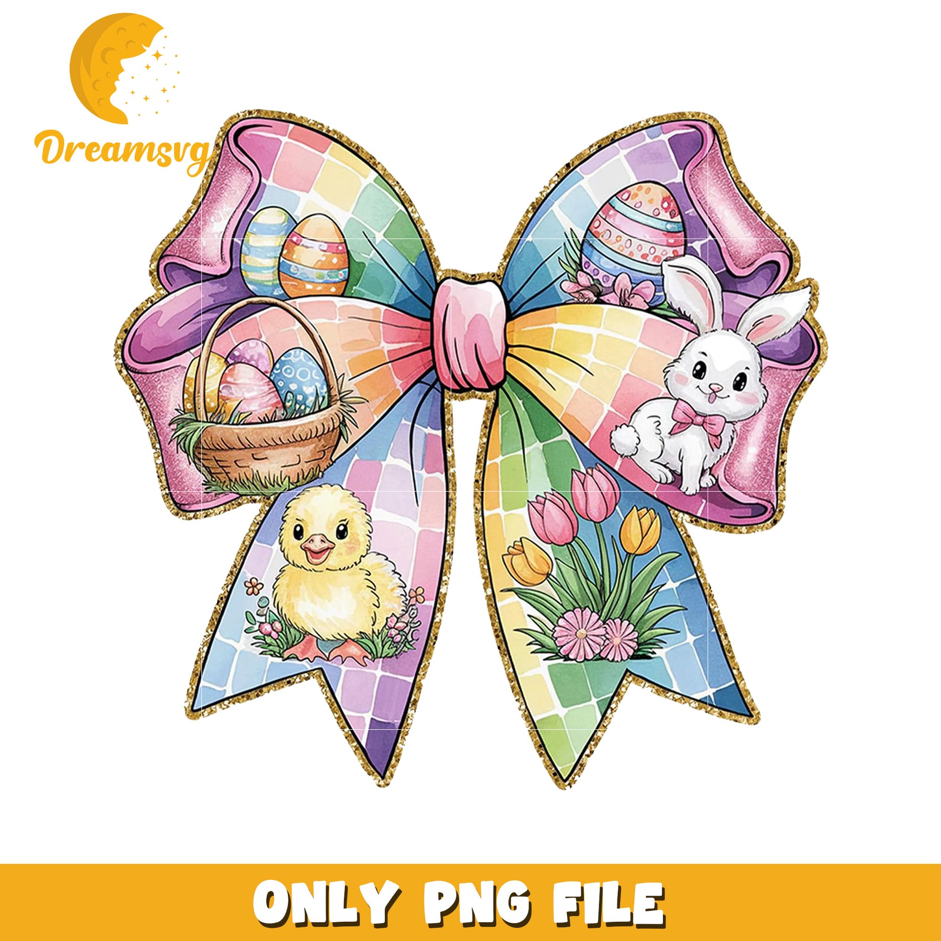 Easter Bow Clipart with Bunny Eggs and Flowers PNG