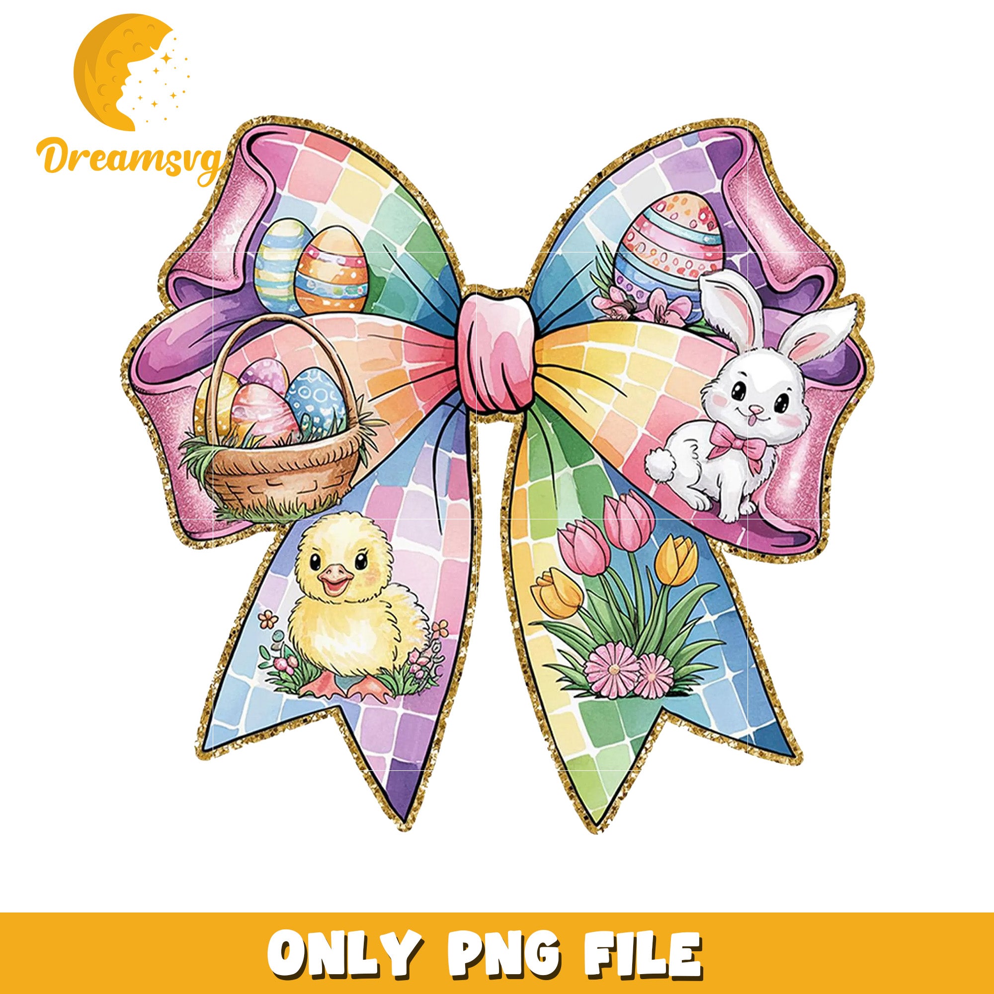 Easter Bow Clipart with Bunny Eggs and Flowers PNG