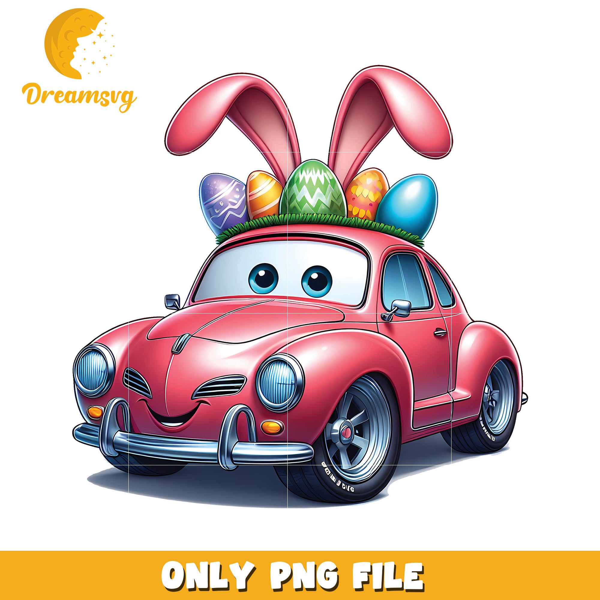 Easter Bunny Car PNG Cute Pink Classic Car with Eggs
