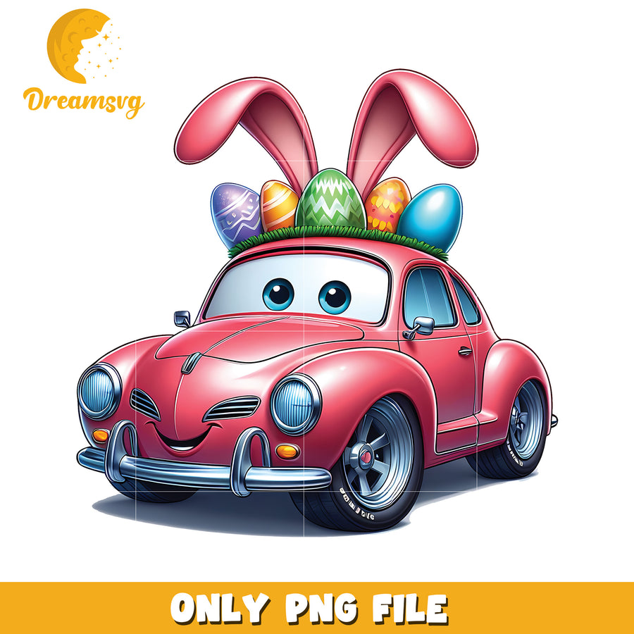 Easter Bunny Car PNG Cute Pink Classic Car with Eggs