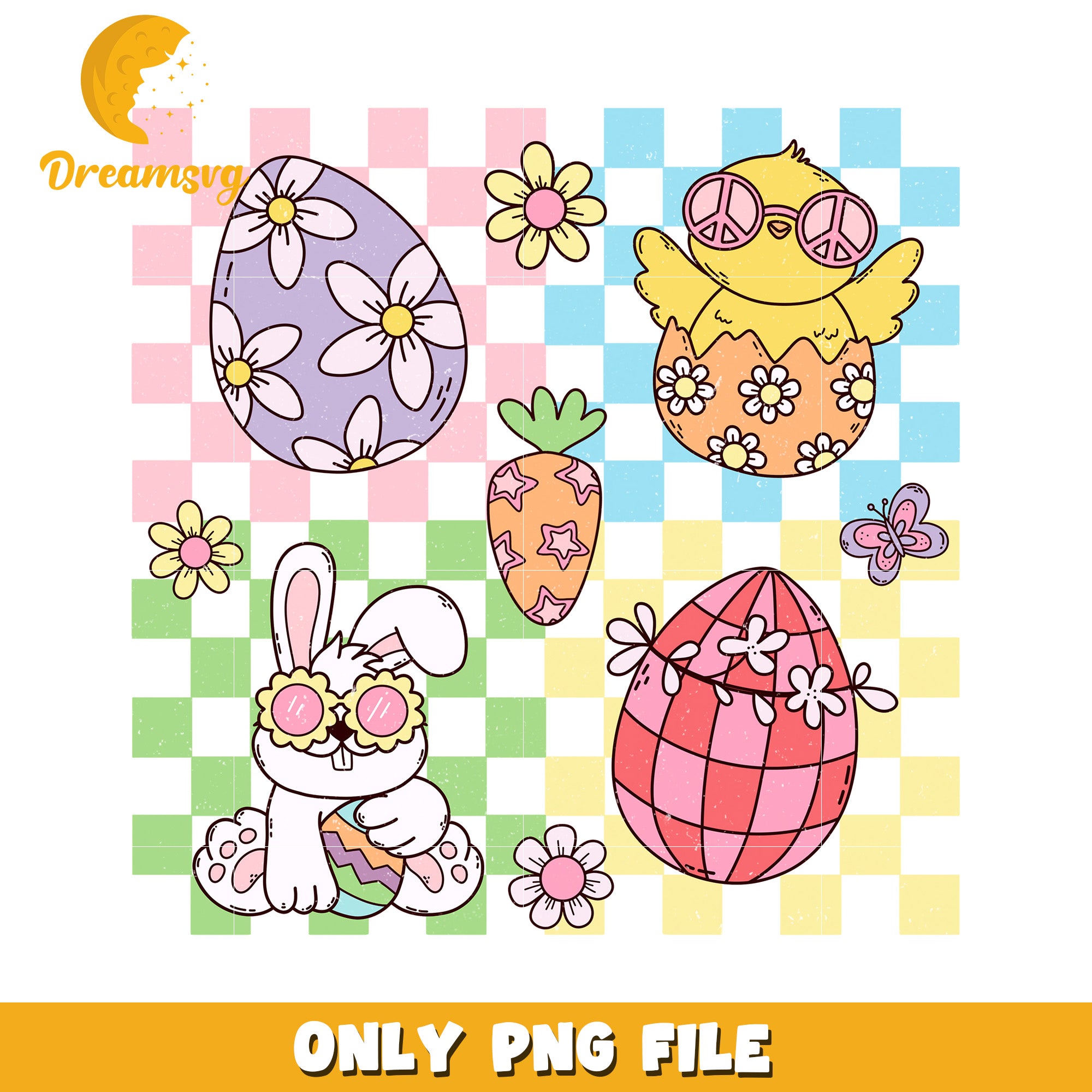 Easter Bunny and Spring Eggs Cute PNG Graphic Design