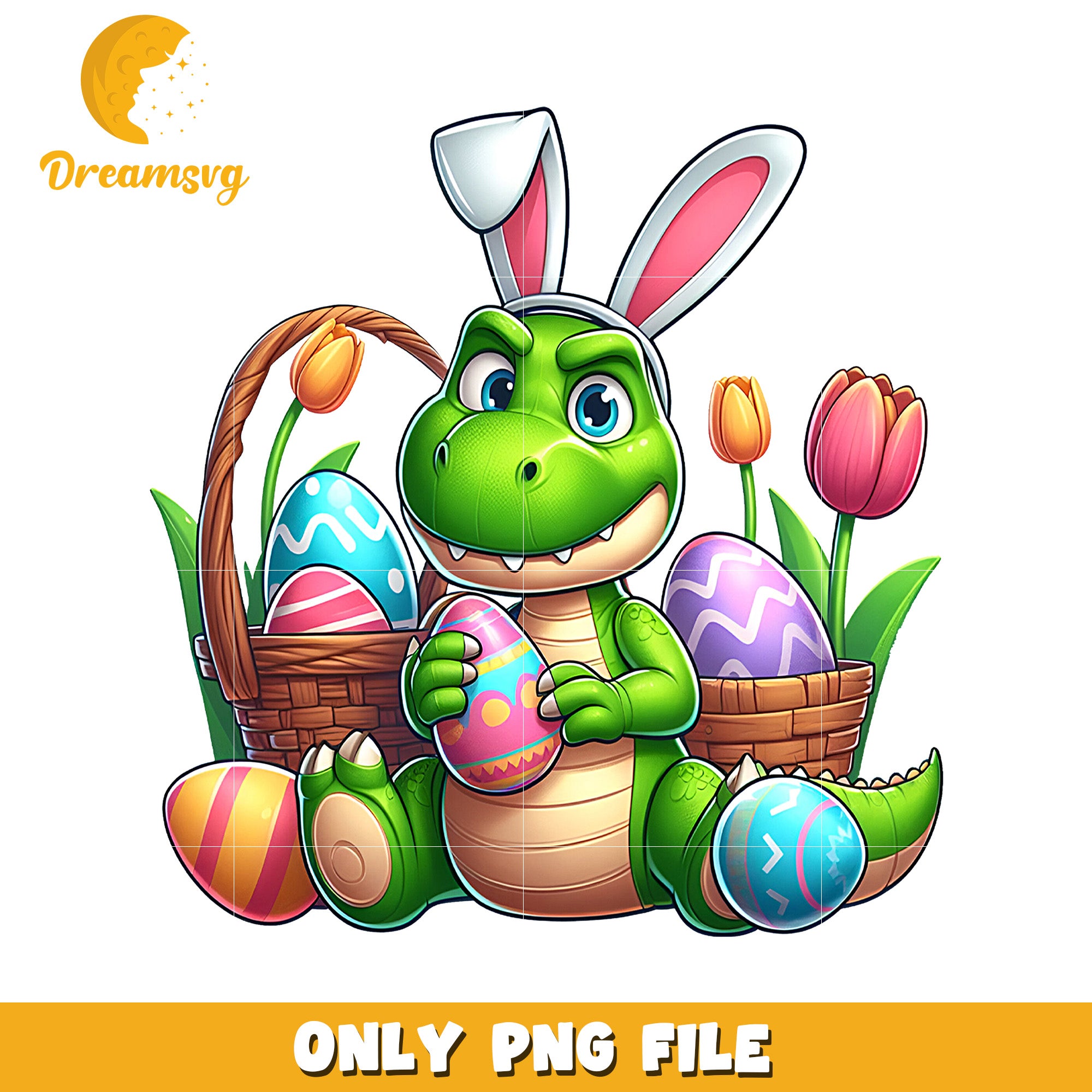 Easter Dinosaur PNG Cute Dino with Bunny Ears & Eggs