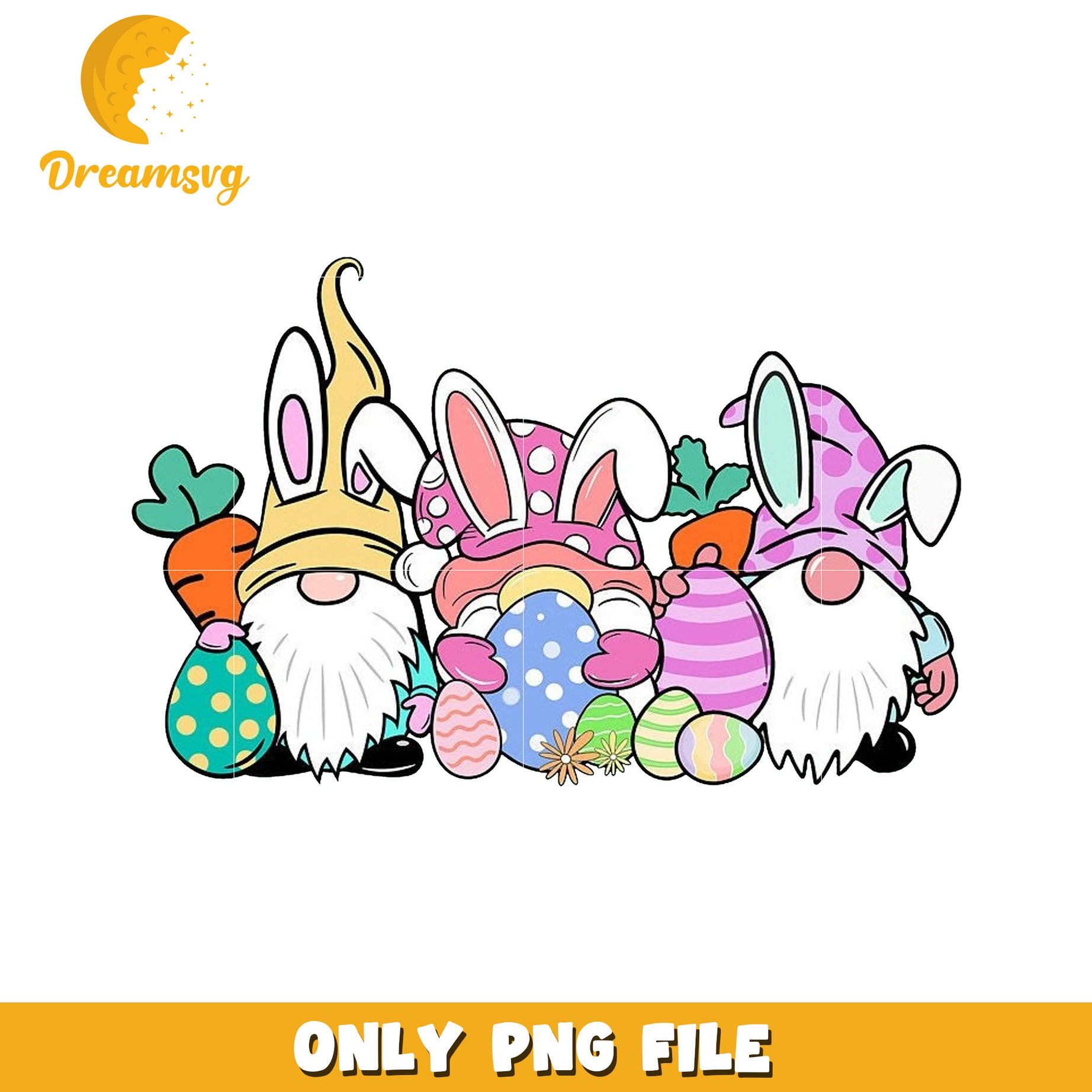 Easter Gnomes with Colorful Eggs and Carrots PNG Image