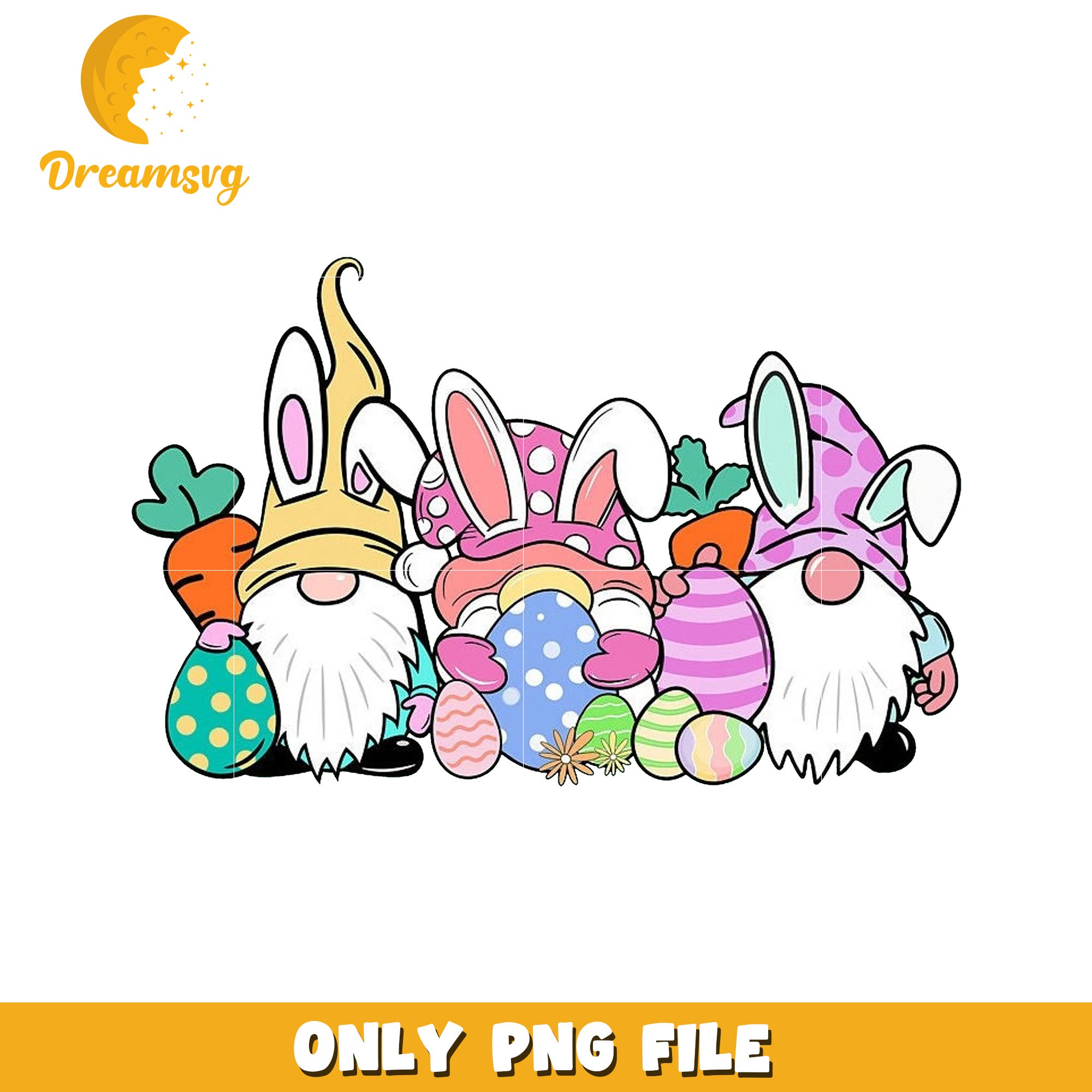 Easter Gnomes with Colorful Eggs and Carrots PNG Image