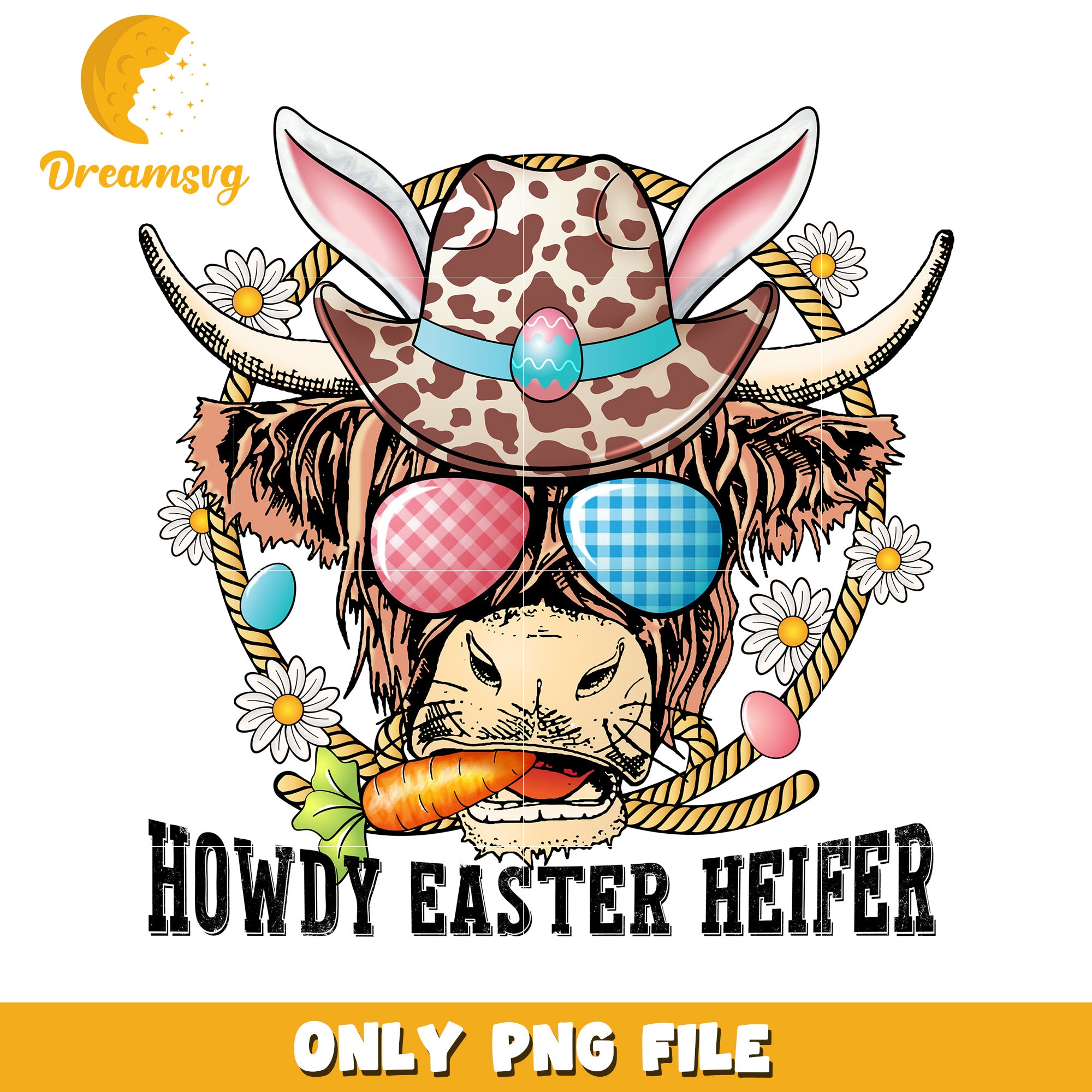 Easter Heifer Graphic with Hat and Glasses PNG Design