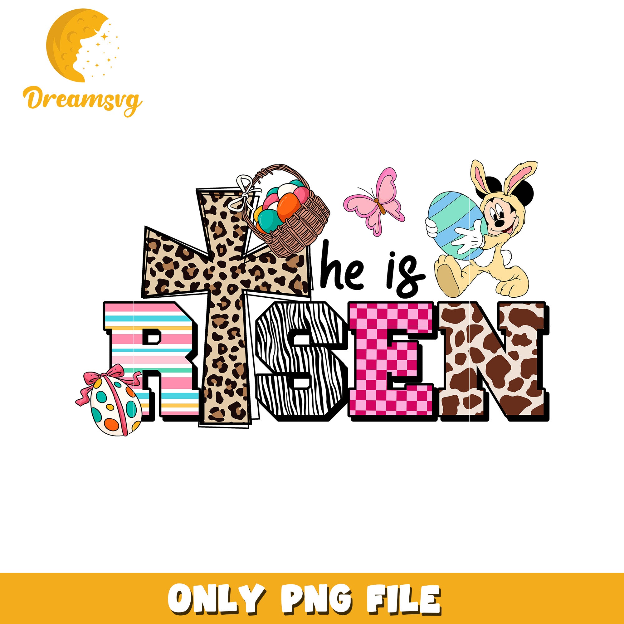 Easter He is Risen Cute Cross Design with Bunny PNG Art