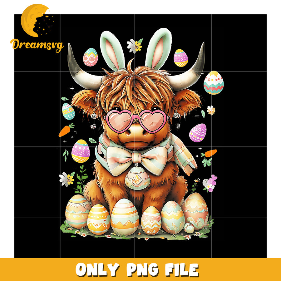 Easter Highland Cow PNG Cute Bunny Ears Design