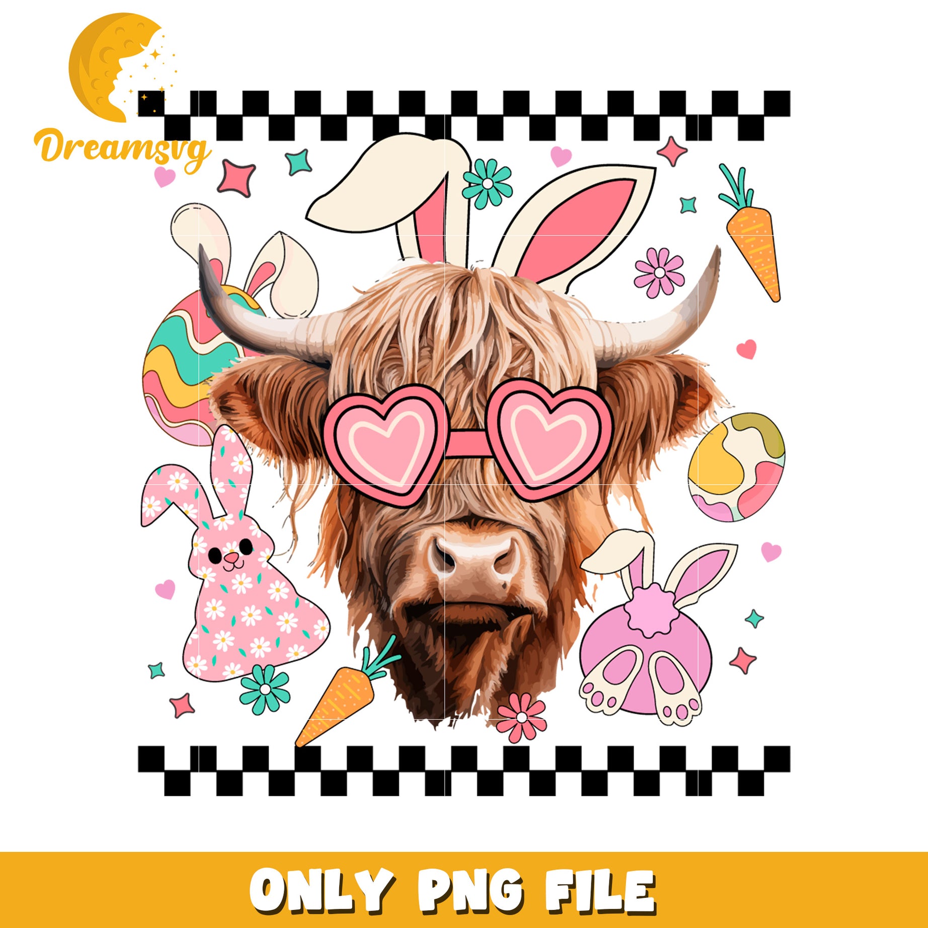 Easter Highland Cow PNG Cute Bunny Ears & Hearts