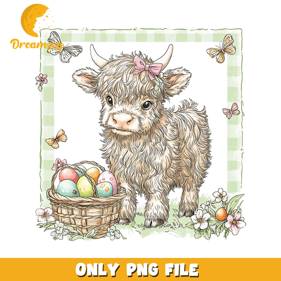 Easter Highland Cow PNG Cute Calf with Eggs