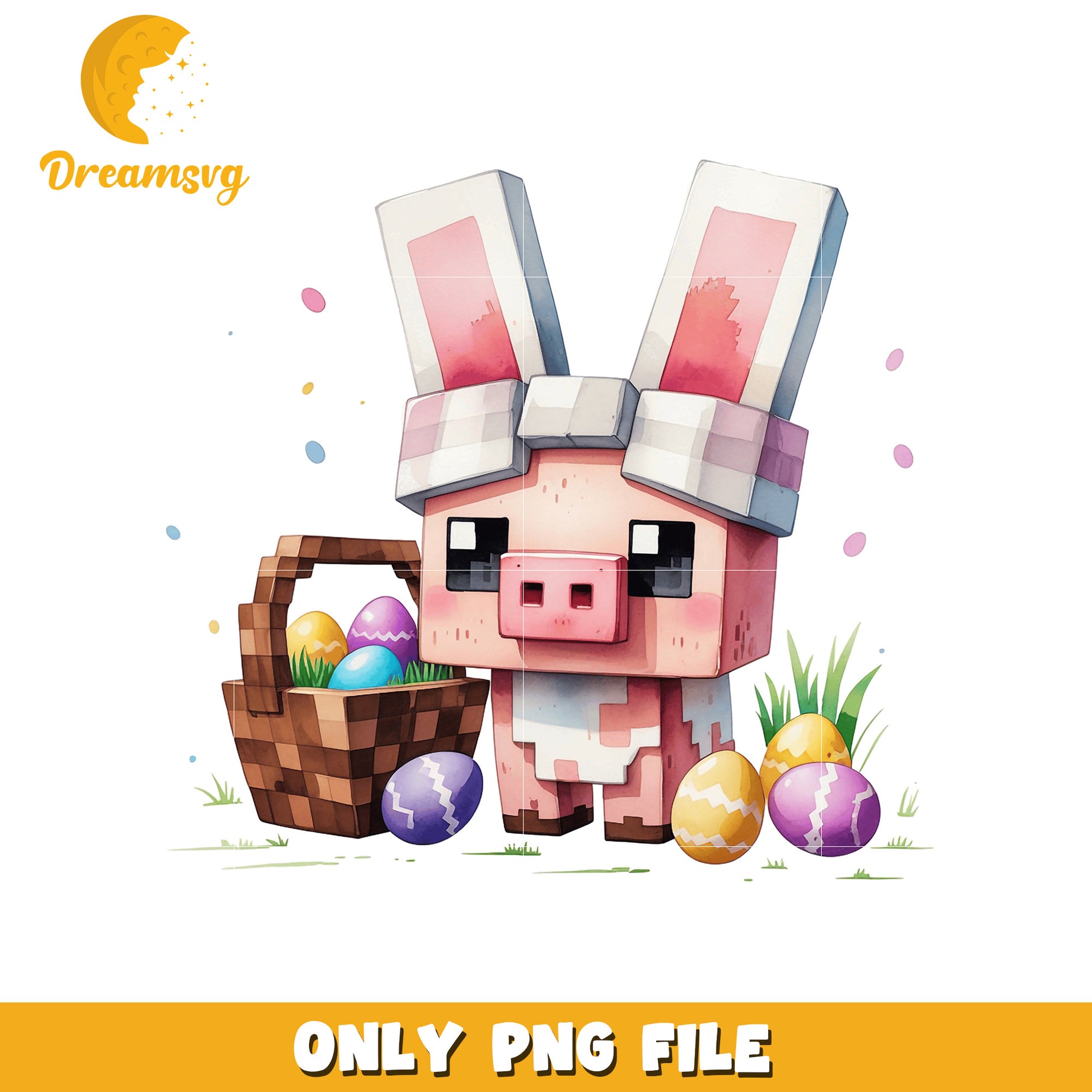 Easter Minecraft Pig PNG, Bunny Ears, Eggs