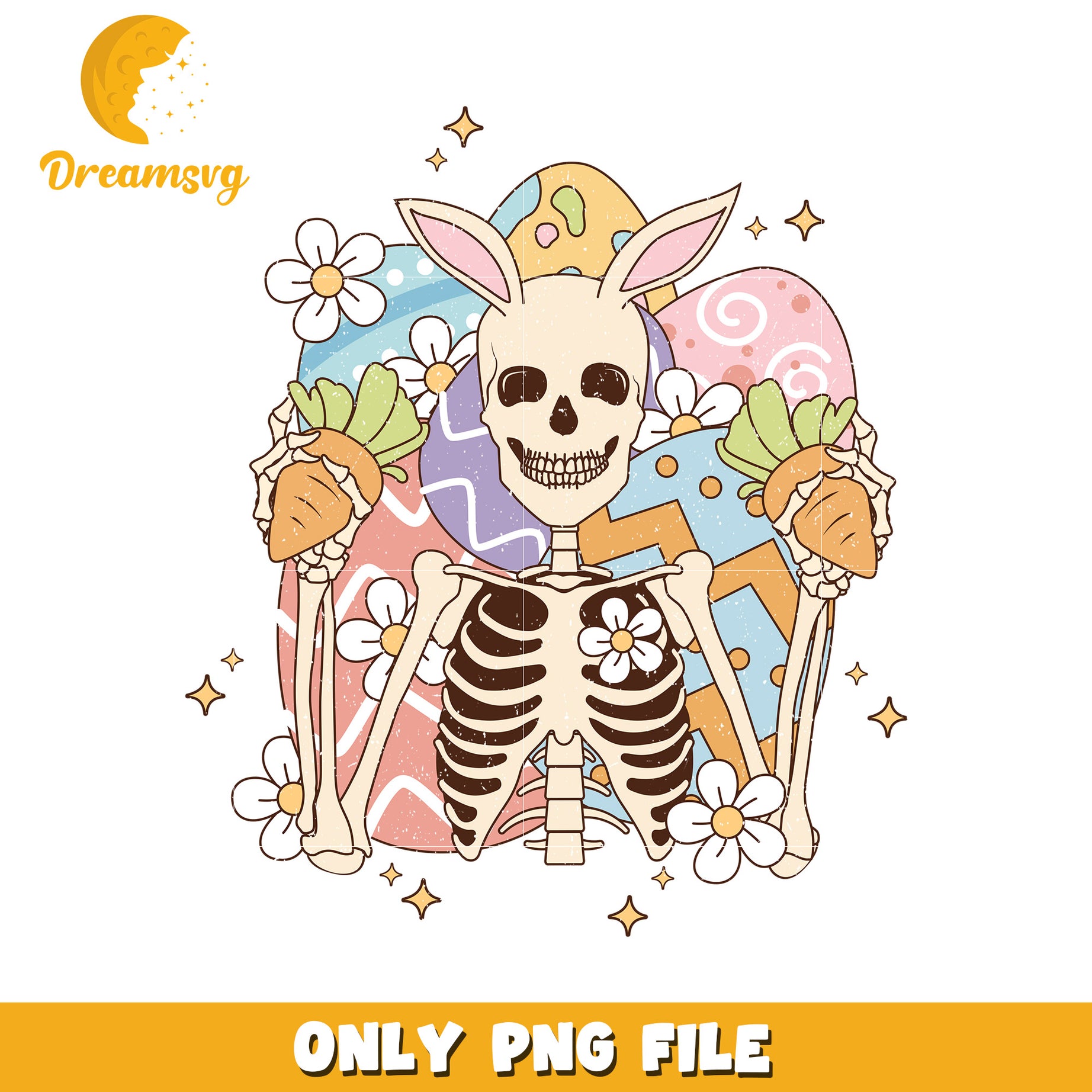 Easter Skeleton Bunny with Carrots and Colorful Eggs PNG