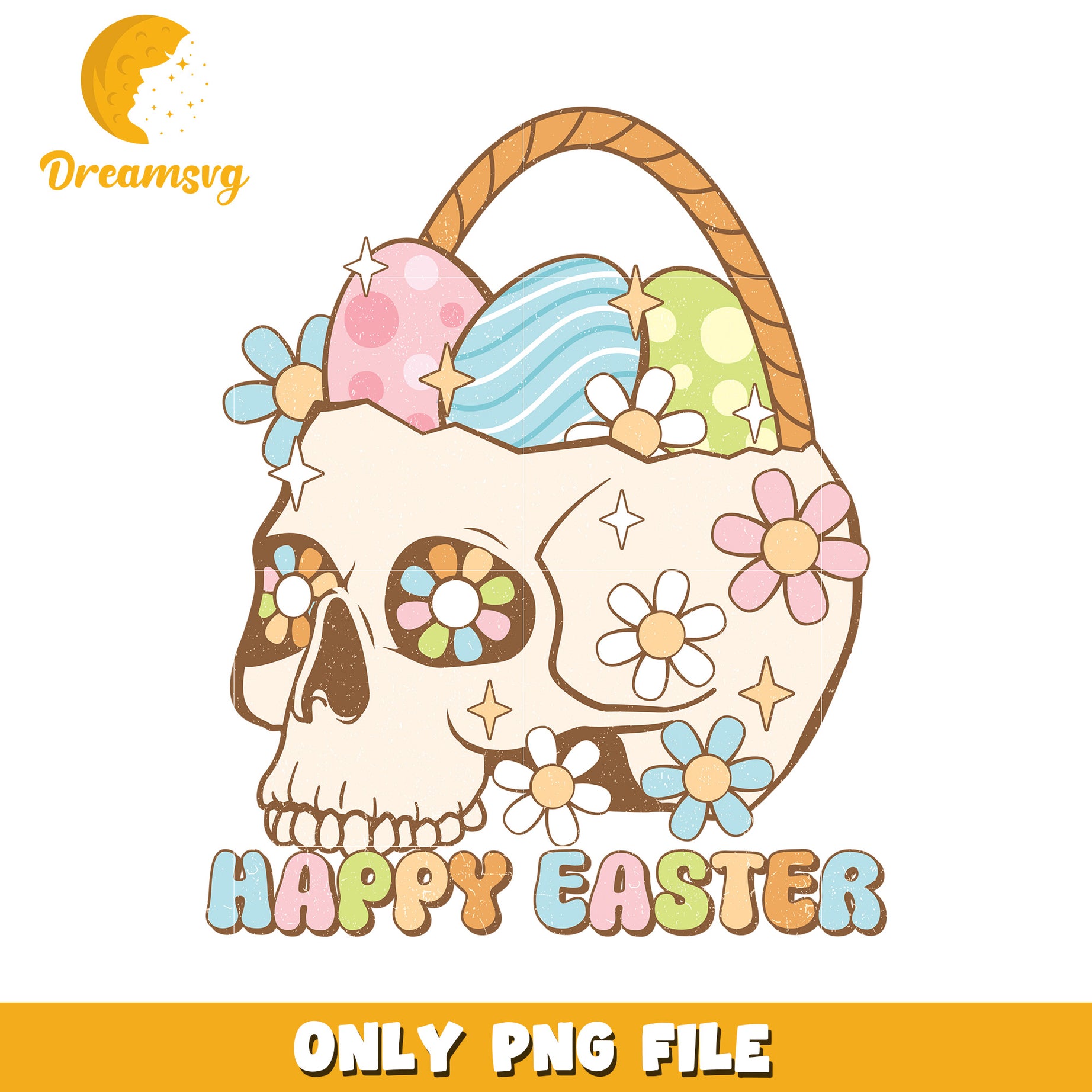 Easter Skull Basket with Colorful Eggs and Flowers PNG