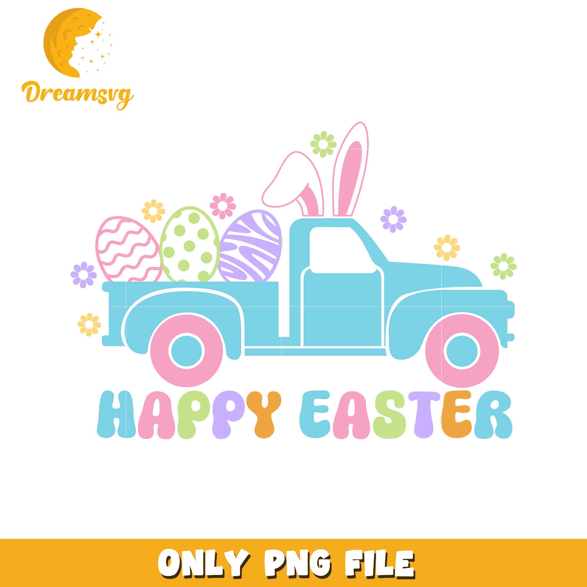 Easter Truck with Colorful Eggs and Bunny Ears PNG Design
