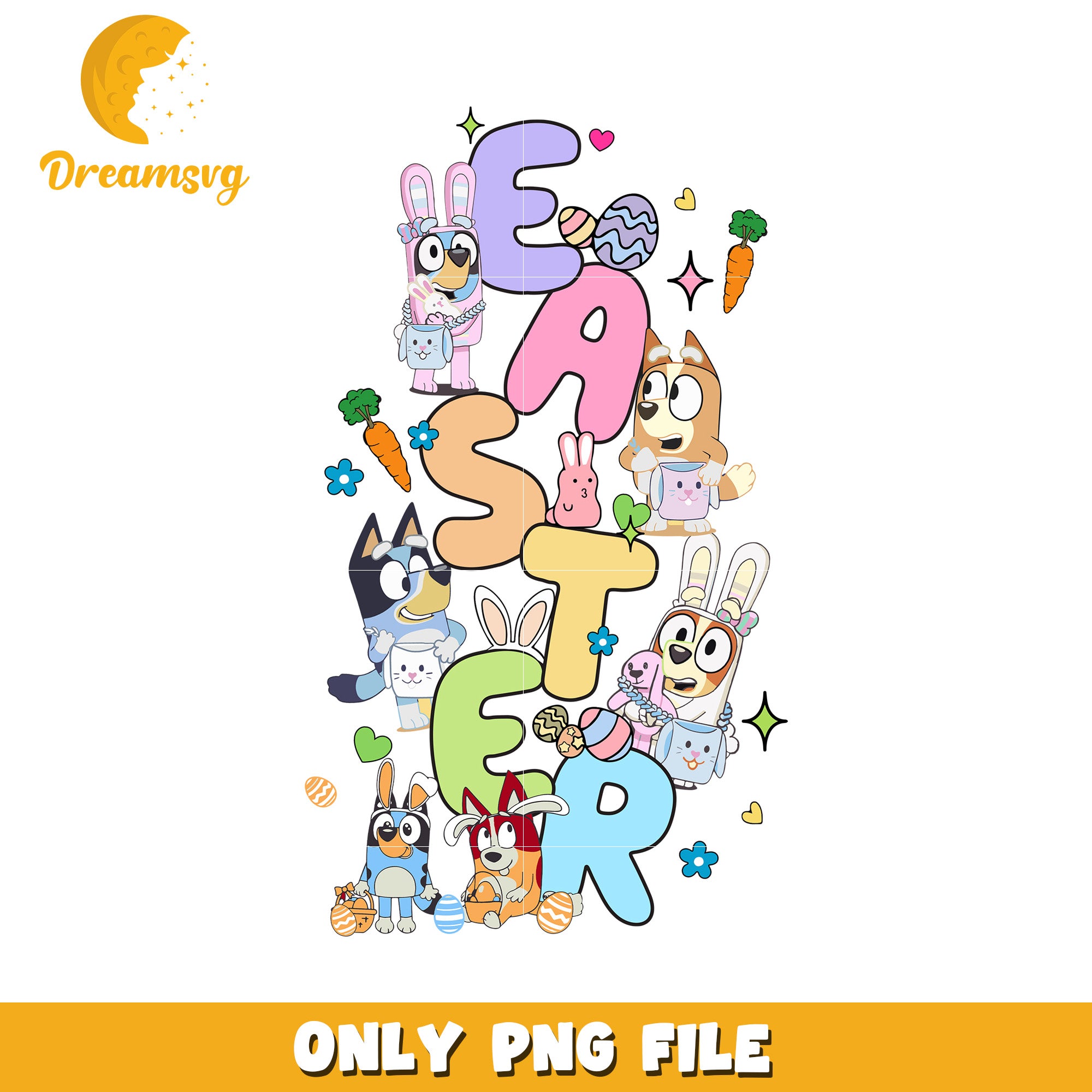 Easterfont design bluey and friends png, easter bunny png, bluey png
