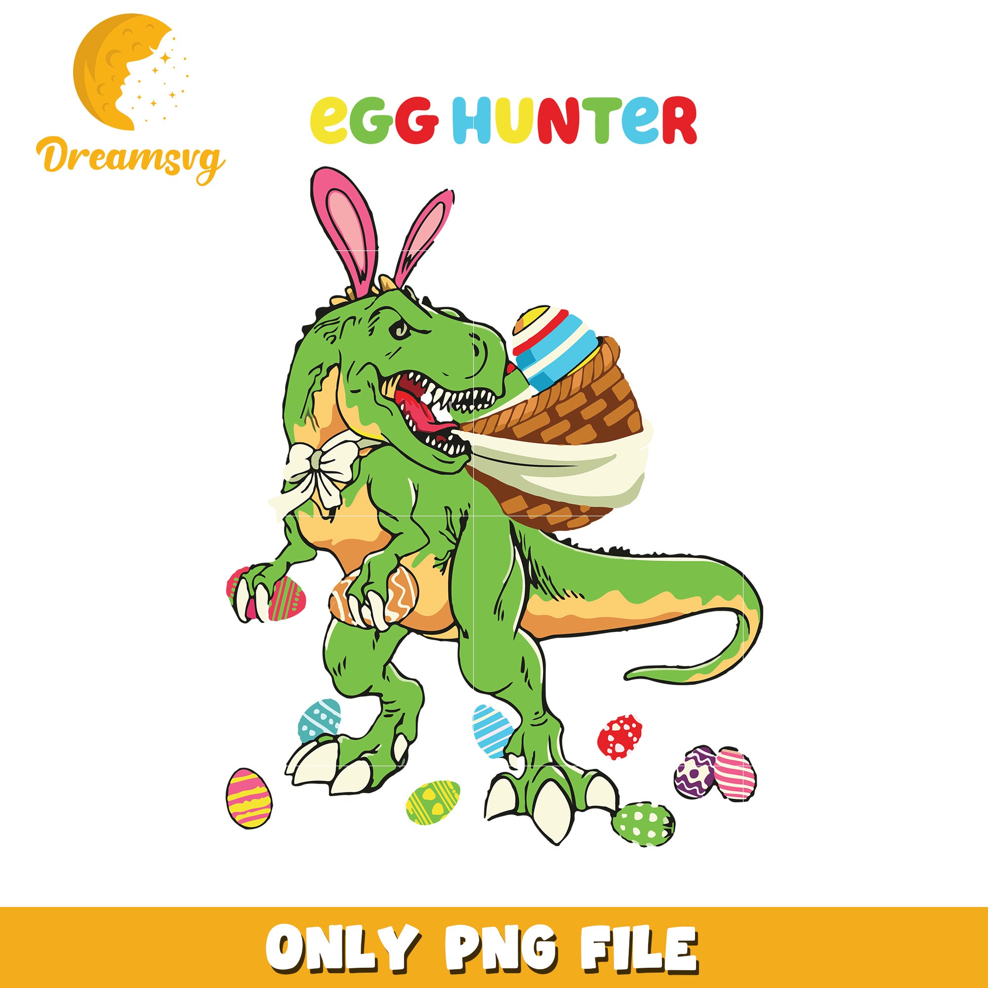 Egg hunt tyrannosaurus bunny png, easter day png, bunny png