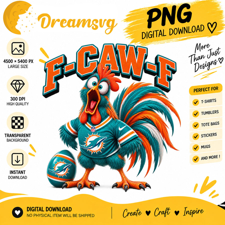 F-Caw-F Funny Rooster Miami Dolphins Football PNG
