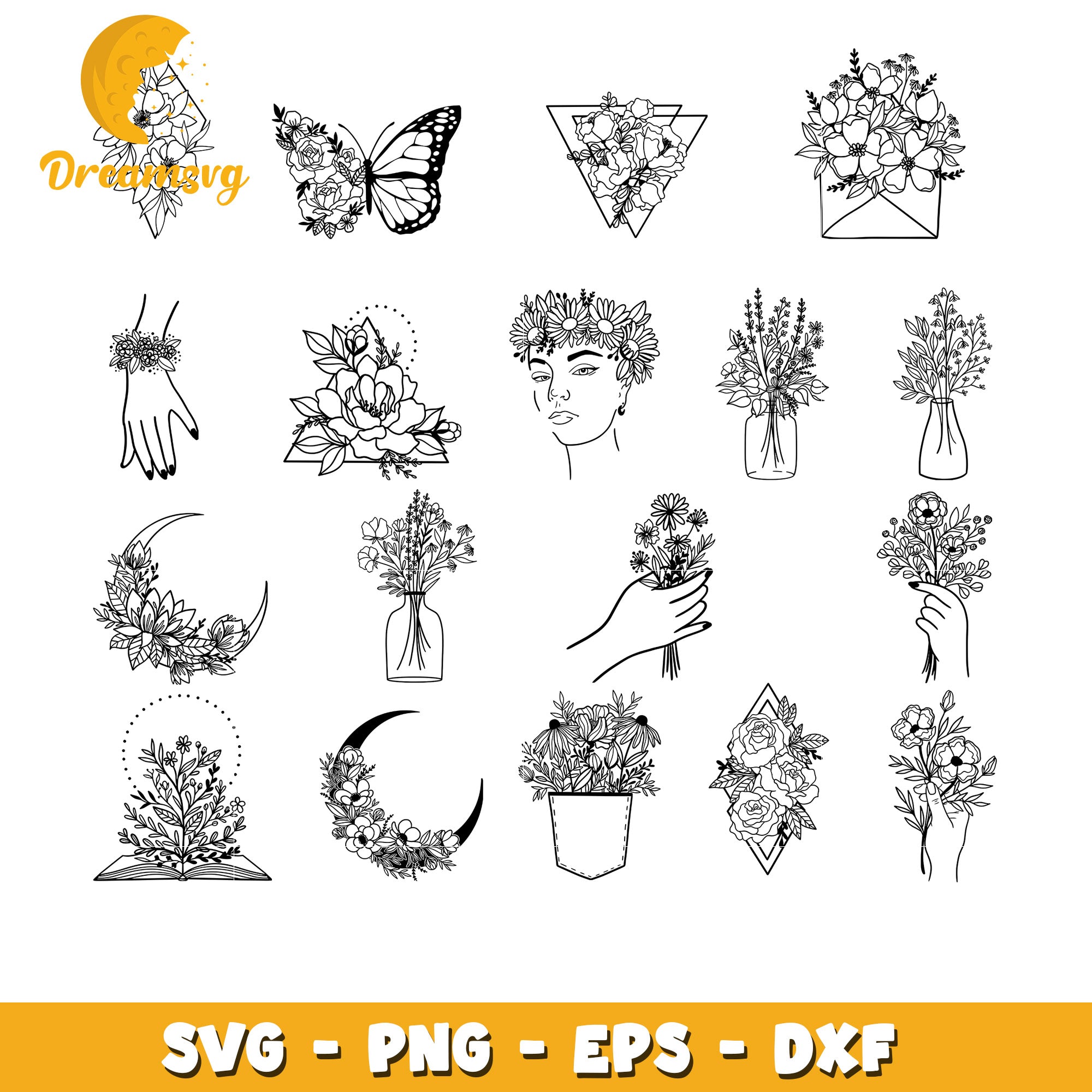 Vintage flower design bundle svg, floral moon svg, flower svg