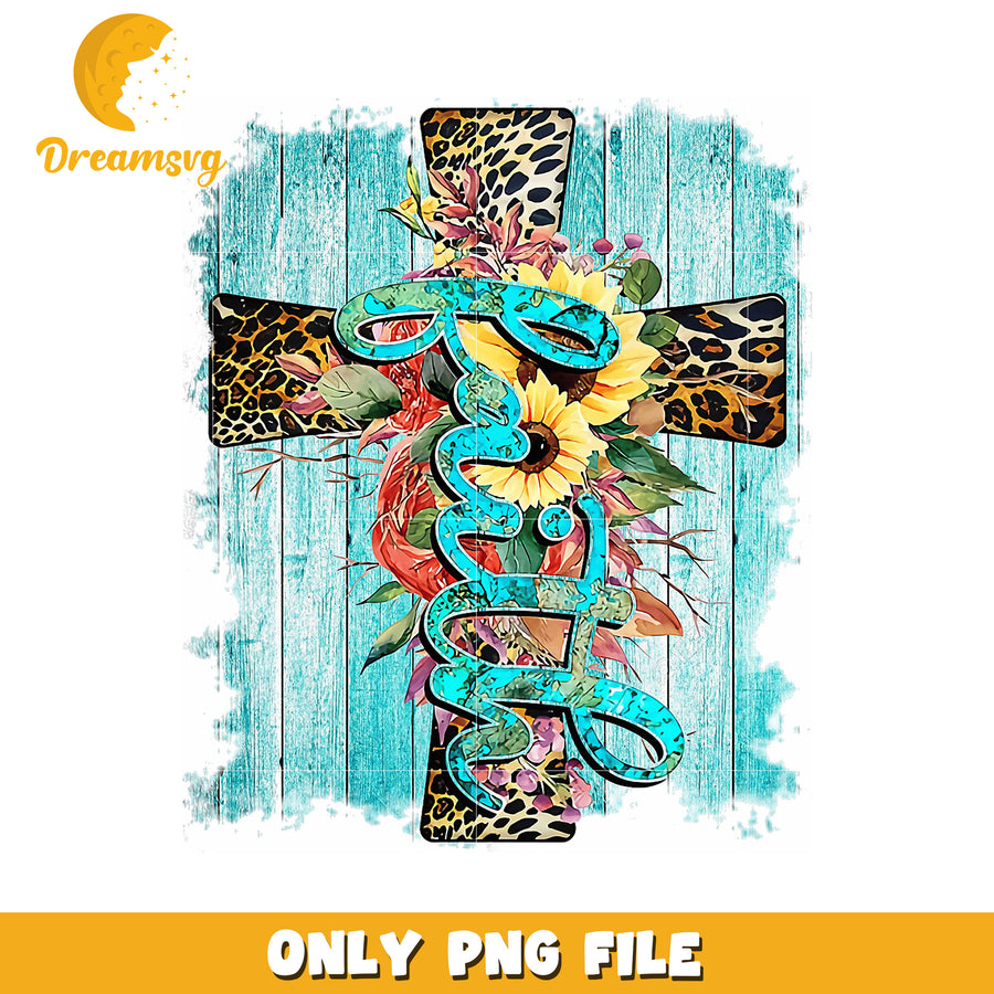 Faith Cross PNG Floral Leopard Teal Sublimation Design