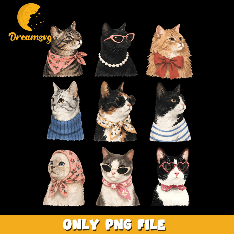 Fashionable Cats Clipart Bundle PNG, Dressed Up Kitty, Cat Lover PNG