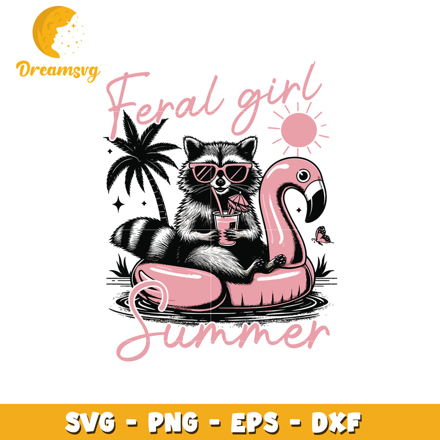 Feral Girl Summer SVG Raccoon on Flamingo Pool Float