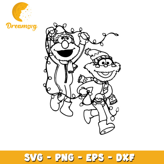 Festive Cartoon Characters with Christmas Lights SVG Clipart