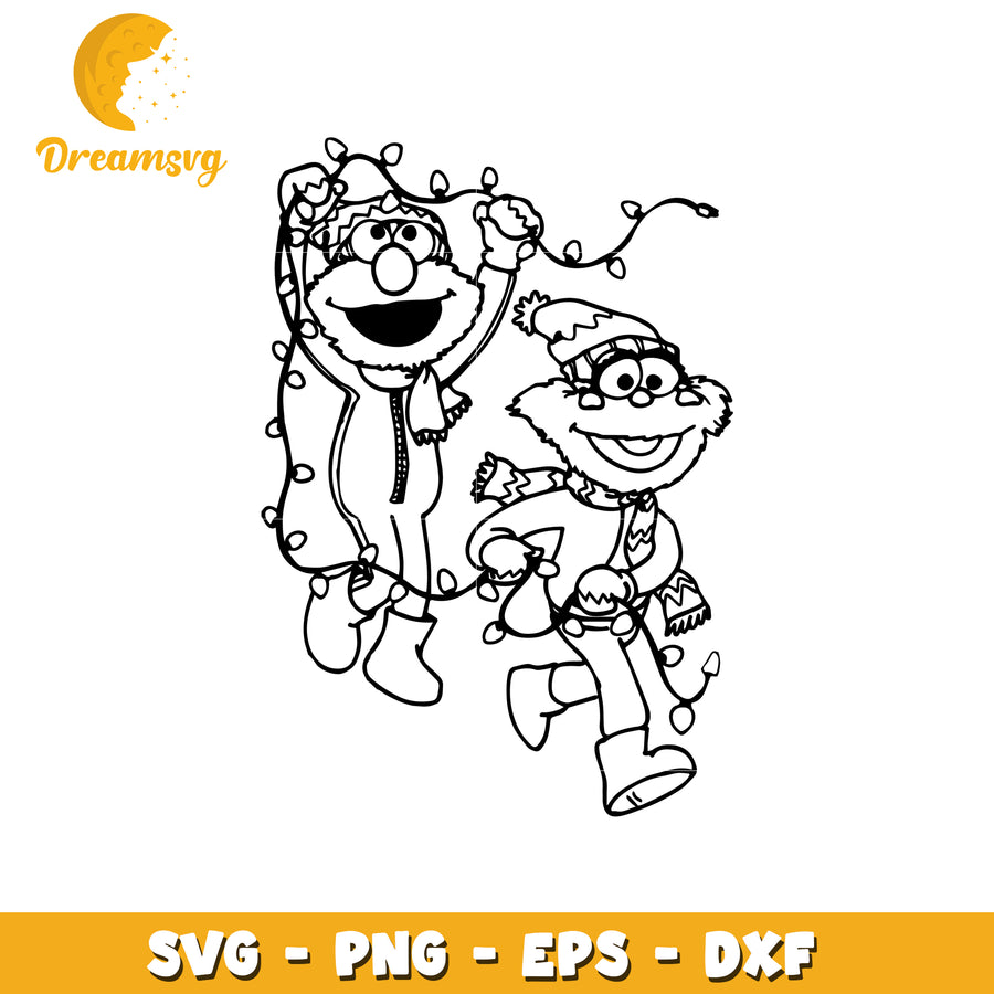 Festive Cartoon Characters with Christmas Lights SVG Clipart