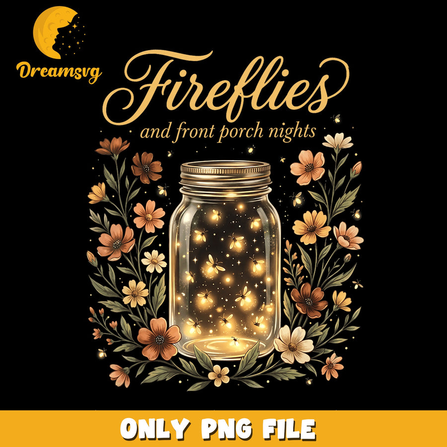 Fireflies Jar PNG, Cozy Nights Design, Floral Art PNG