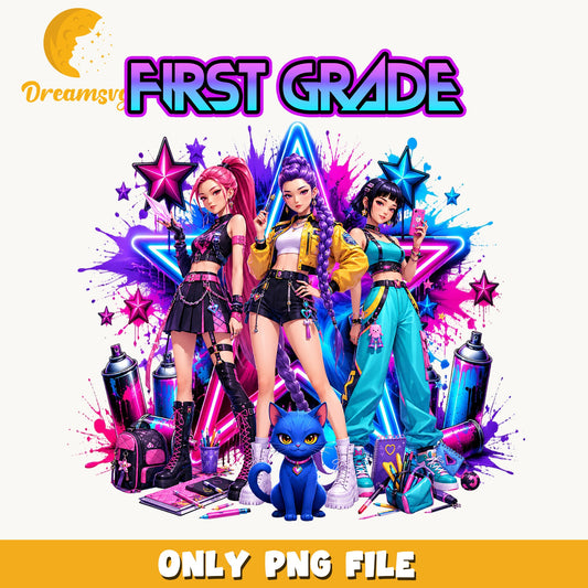 First Grade Kpop Girls PNG, Neon School Art, Fan PNG