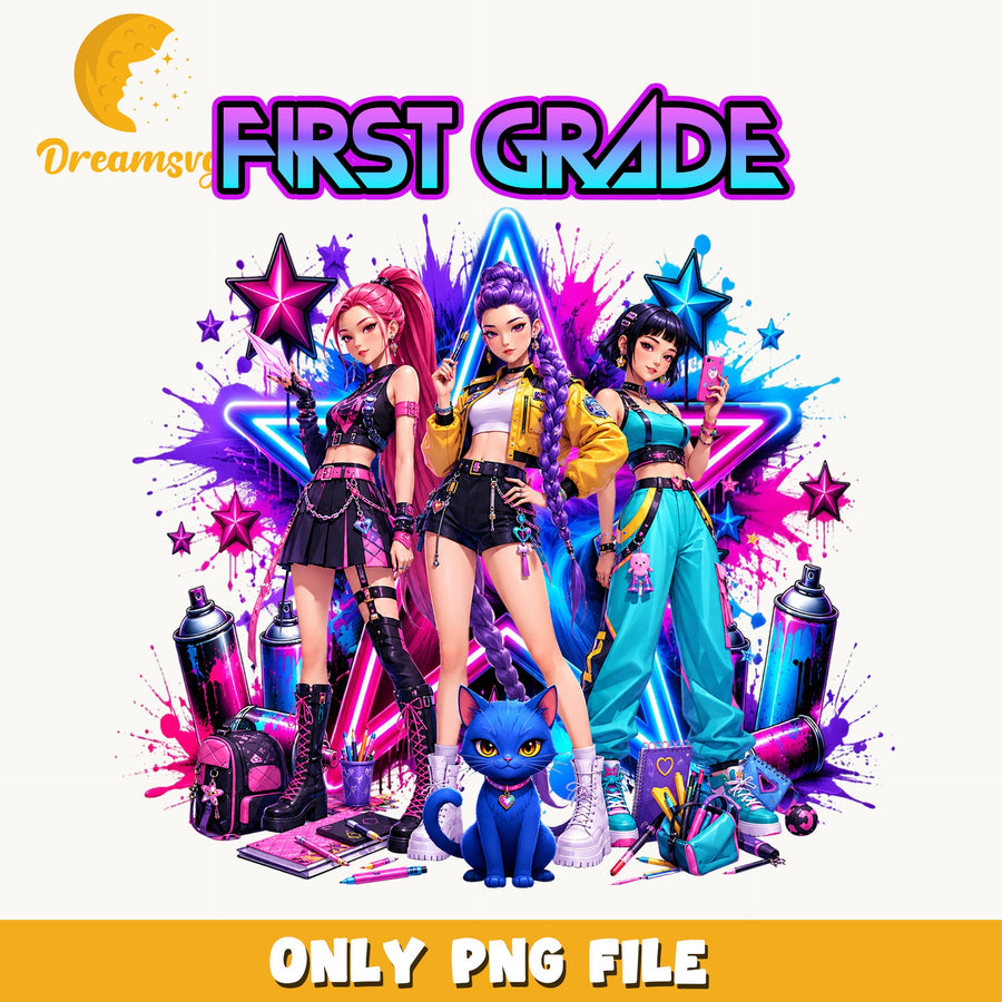 First Grade Kpop Girls PNG, Neon School Art, Fan PNG